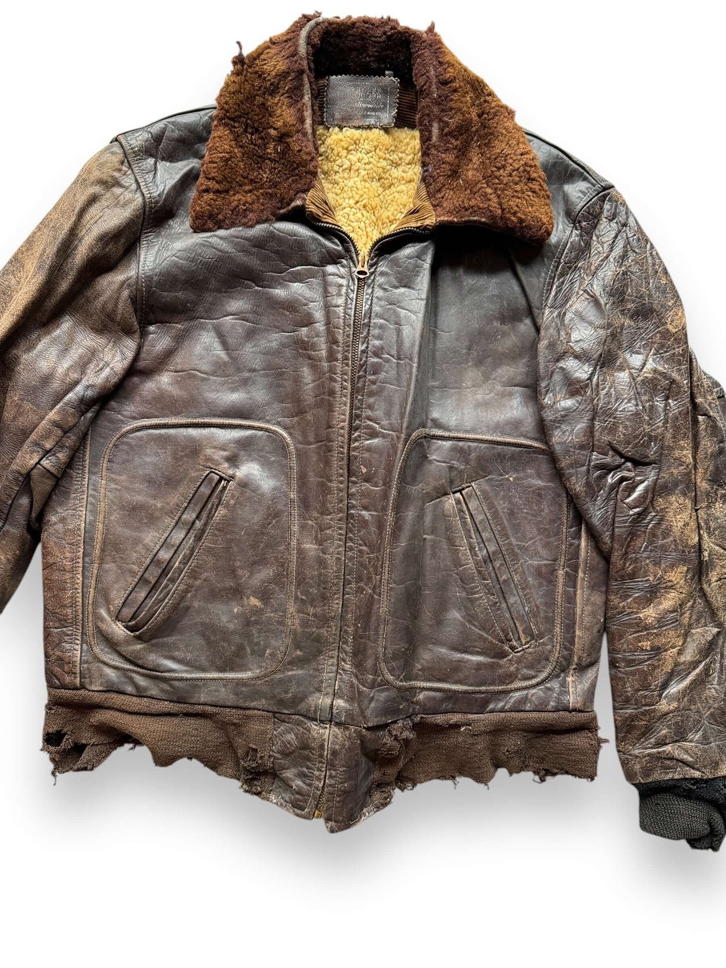 front close up of Vintage Thrashed Hercules Horsehide Leather Jacket SZ M