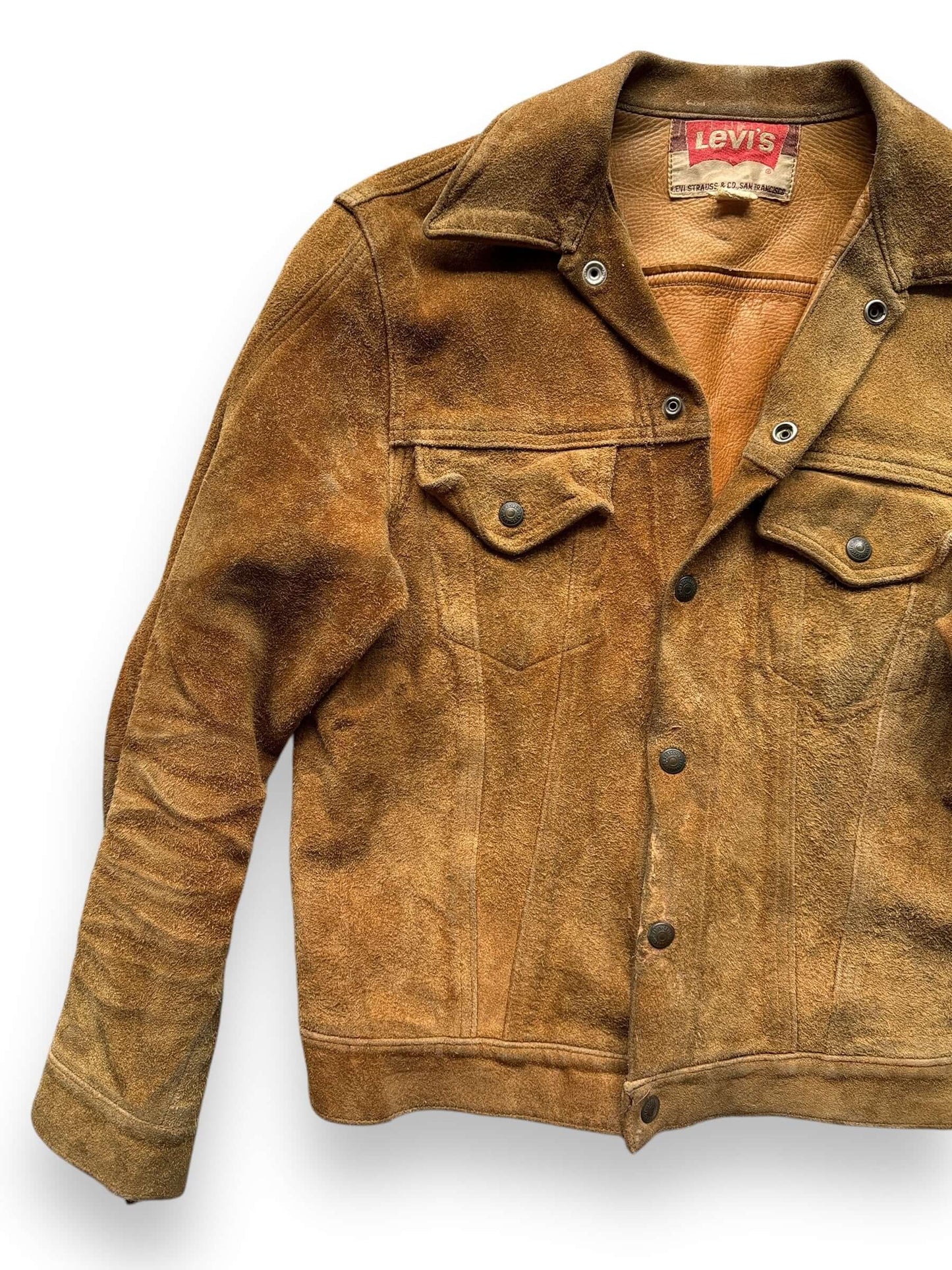 front right of Vintage Levi's Big E Type III Suede Split Cowhide Trucker Jacket SZ S-M