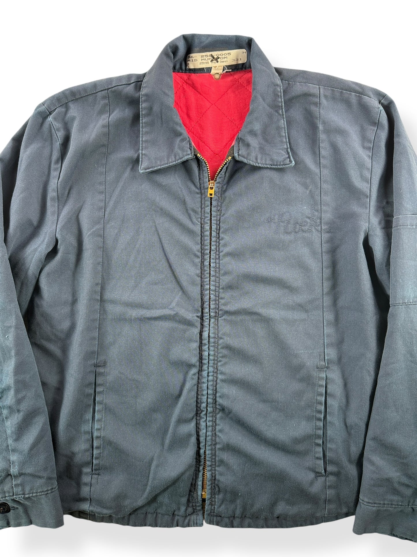 Front Close Up of Vintage Blue Quilted Red Kap Gas Station Jacket SZ M
