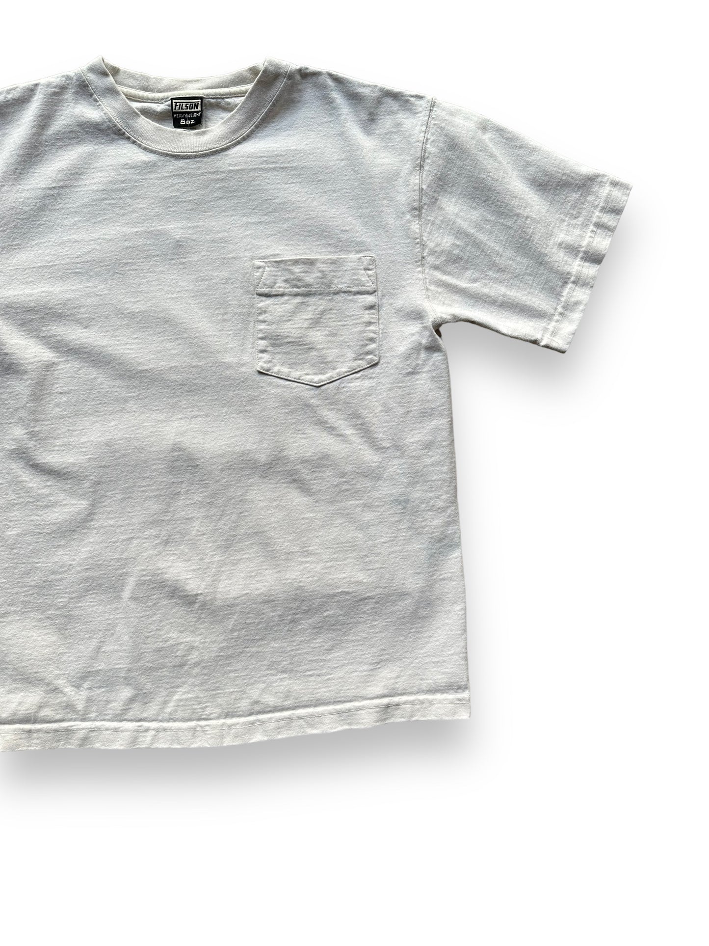 Front Left View of White Filson Loopwheel Heavyweight Cotton Pocket Tee SZ M | Barn Owl Vintage Goods | Vintage Filson Workwear Seattle