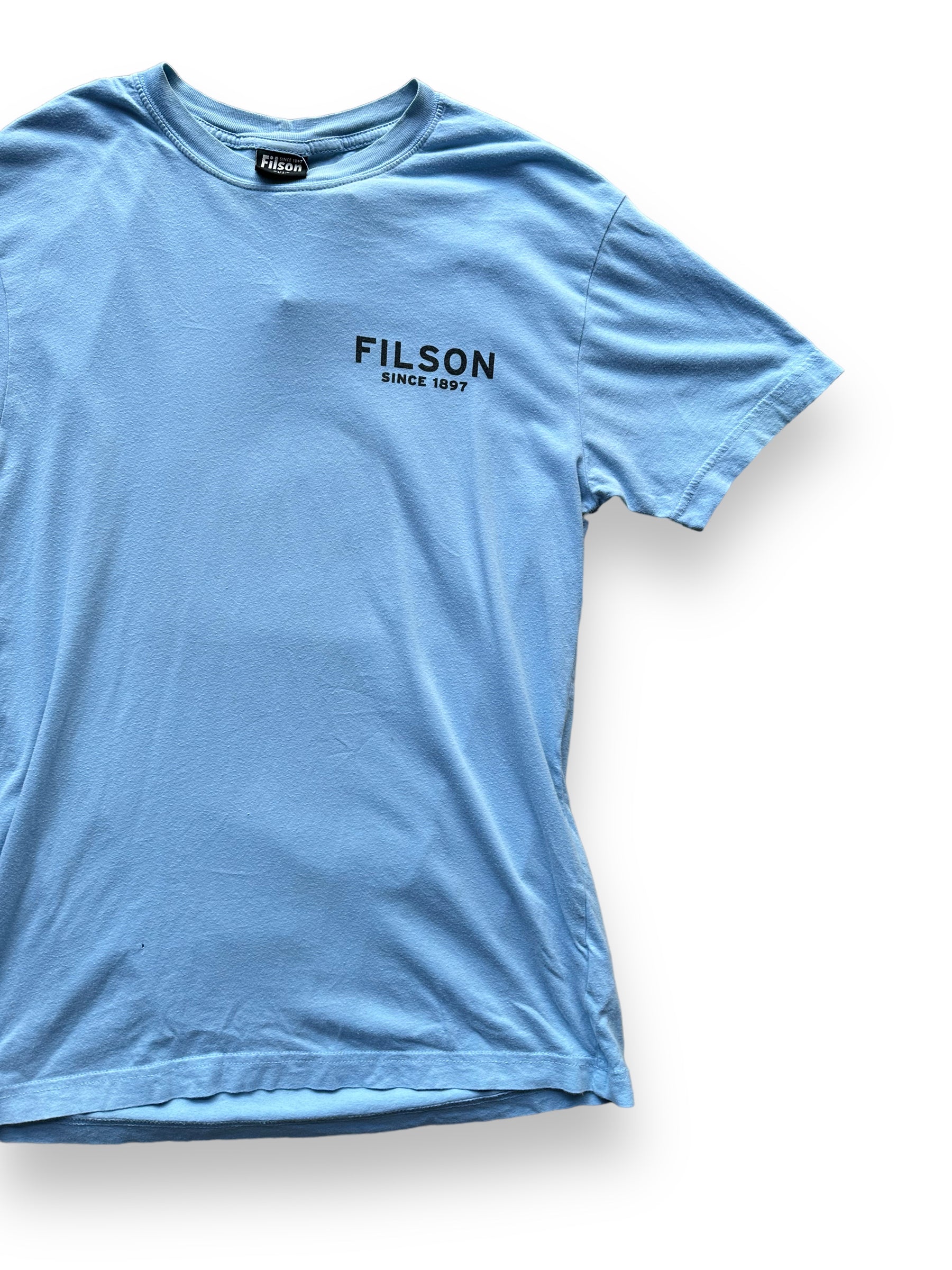 Front Left View of Light Blue Filson Eagle Graphic Tee SZ XS |  Barn Owl Vintage Goods | Vintage Filson Workwear Seattle