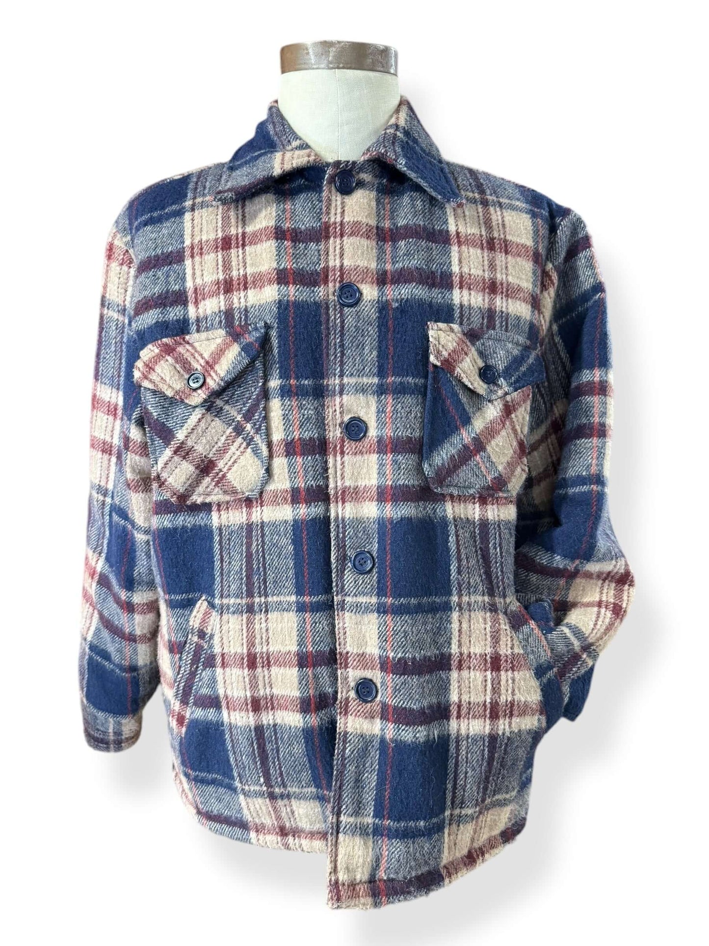Front view of 1970s Well Worn Acrylic Sherpa Lined Flannel L