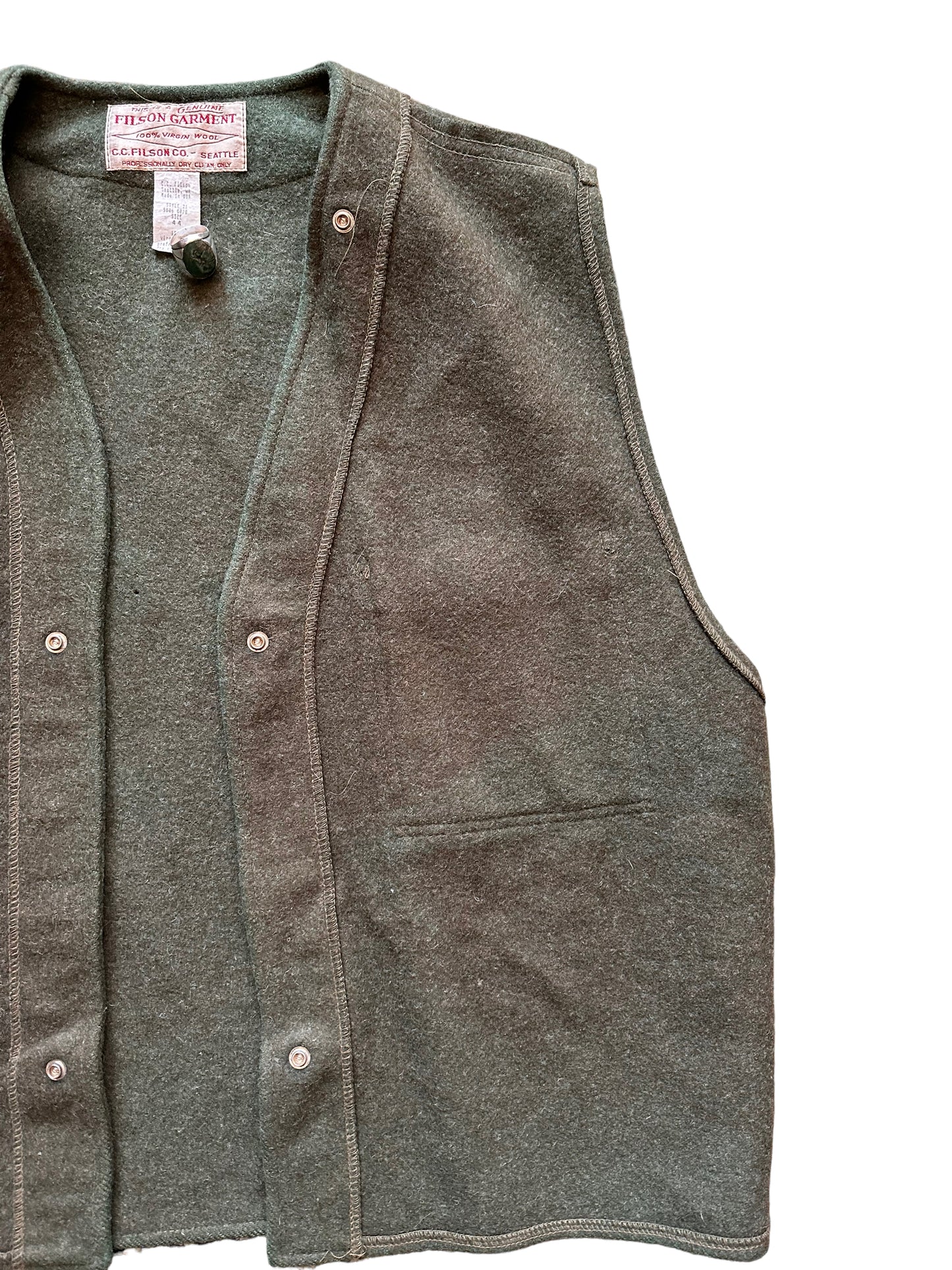 Front Left View of Vintage Filson Green Wool Snap In Liner SZ 44 | Vintage Filson Workwear Seattle | Barn Owl Vintage