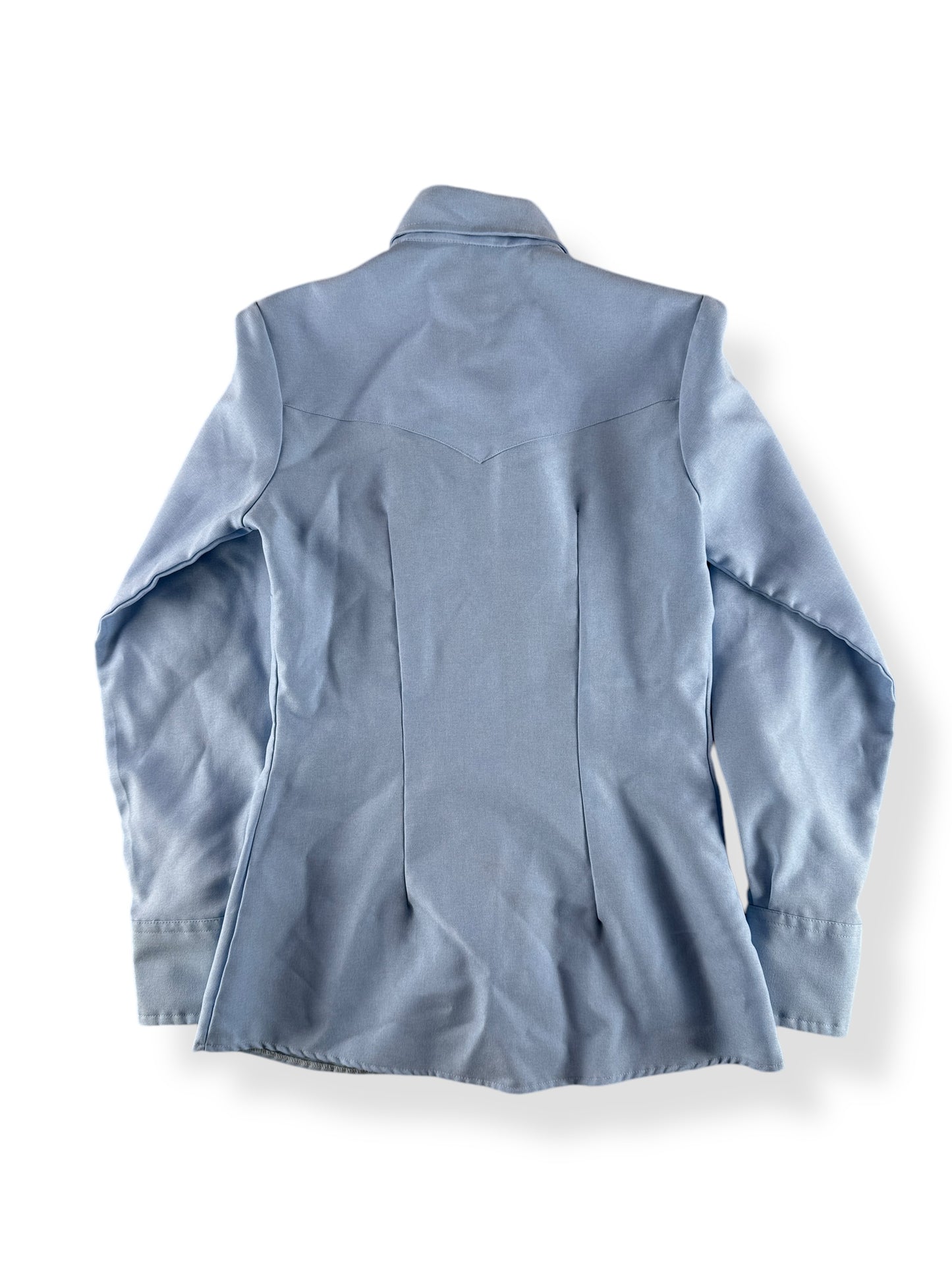 Back of Vintage Miller Baby Blue Polyester Pearl Snap SZ S