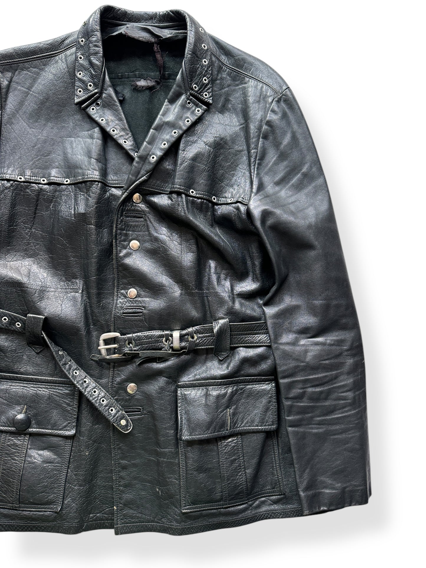 Front Left of Vintage Belted Black Leather Jacket SZ XL