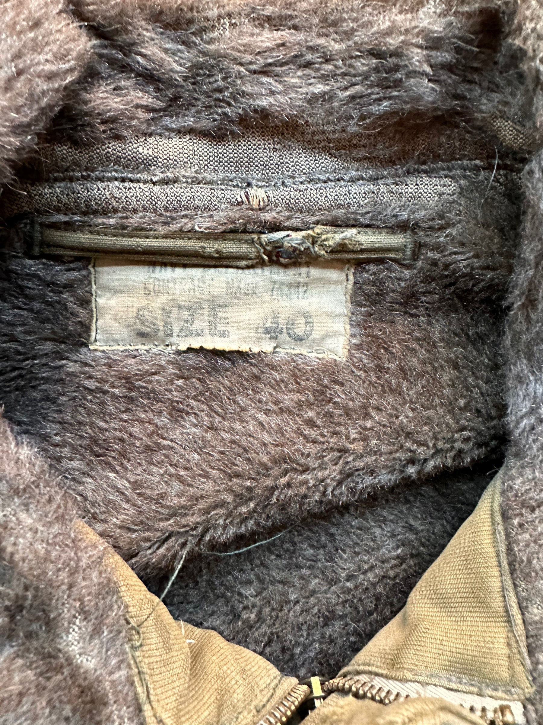 Tag View of Vintage WWII N-1 Deck Jacket SZ 40 |  Vintage Military N1 Deck Jacket Seattle |  Barn Owl Vintage Seattle