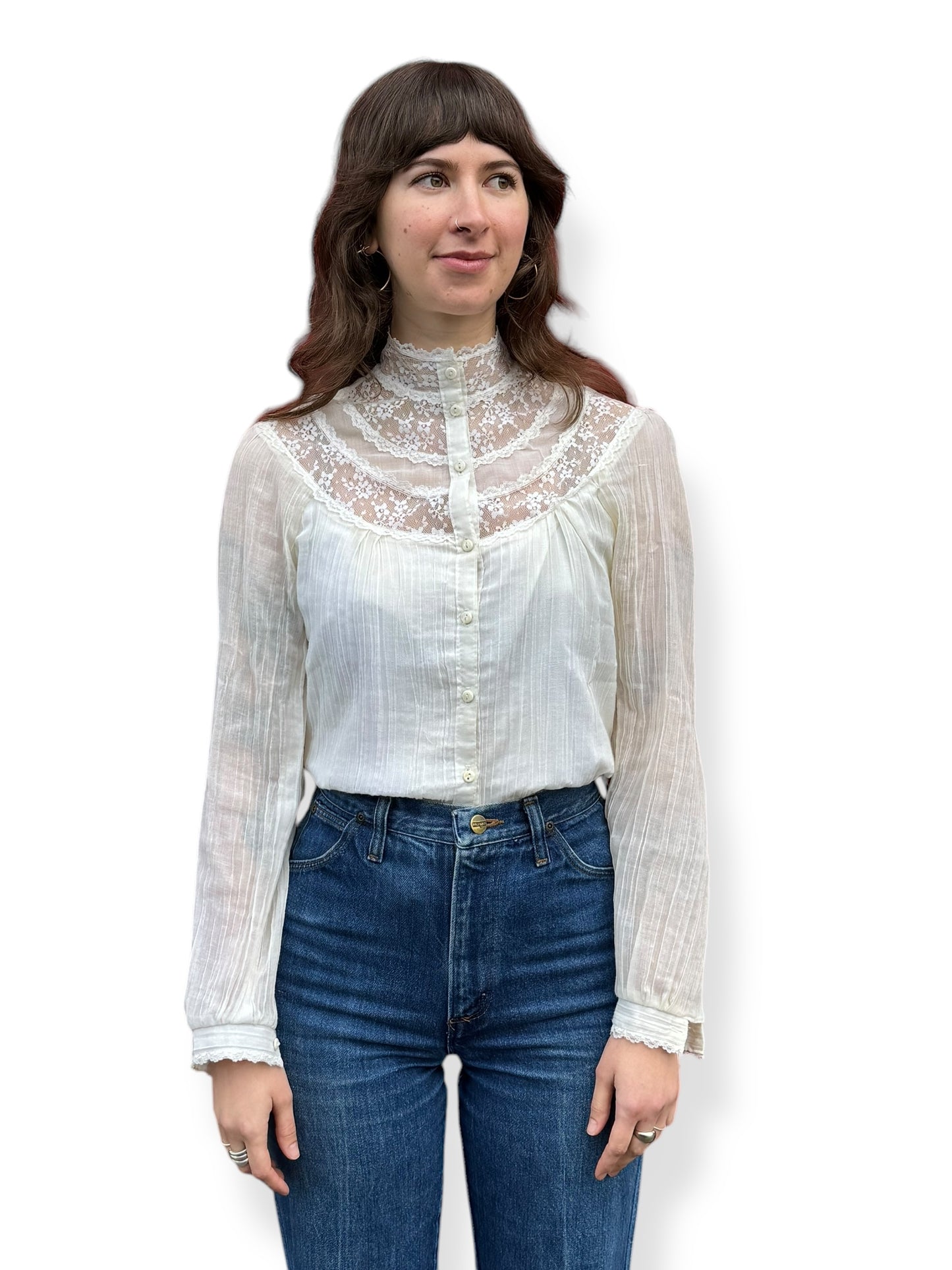 Front view of Vintage Crepe Cotton Gunne Sax Blouse L