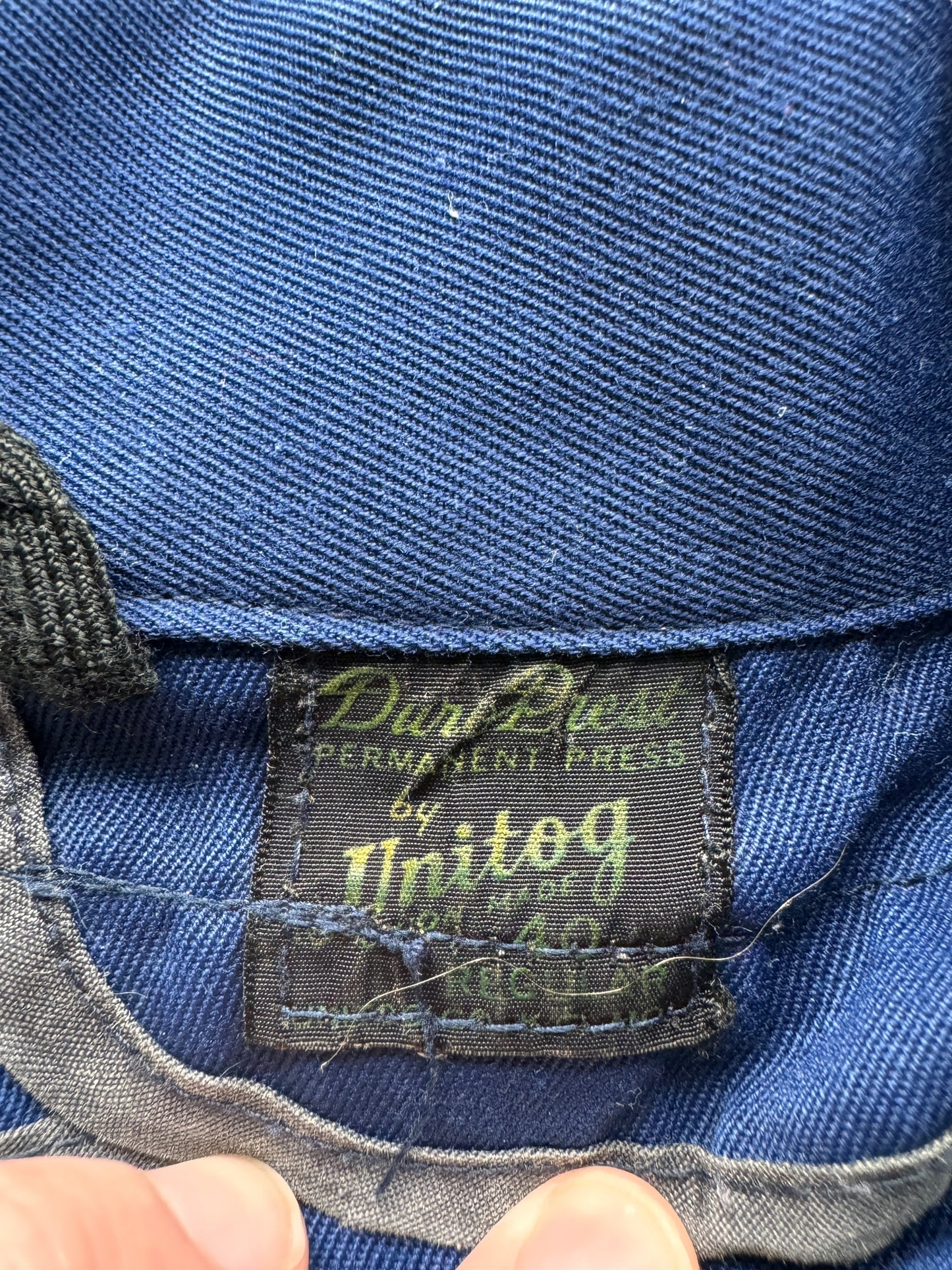 Tag on Vintage Unitog Koratron Blue Shop Jacket SZ 48