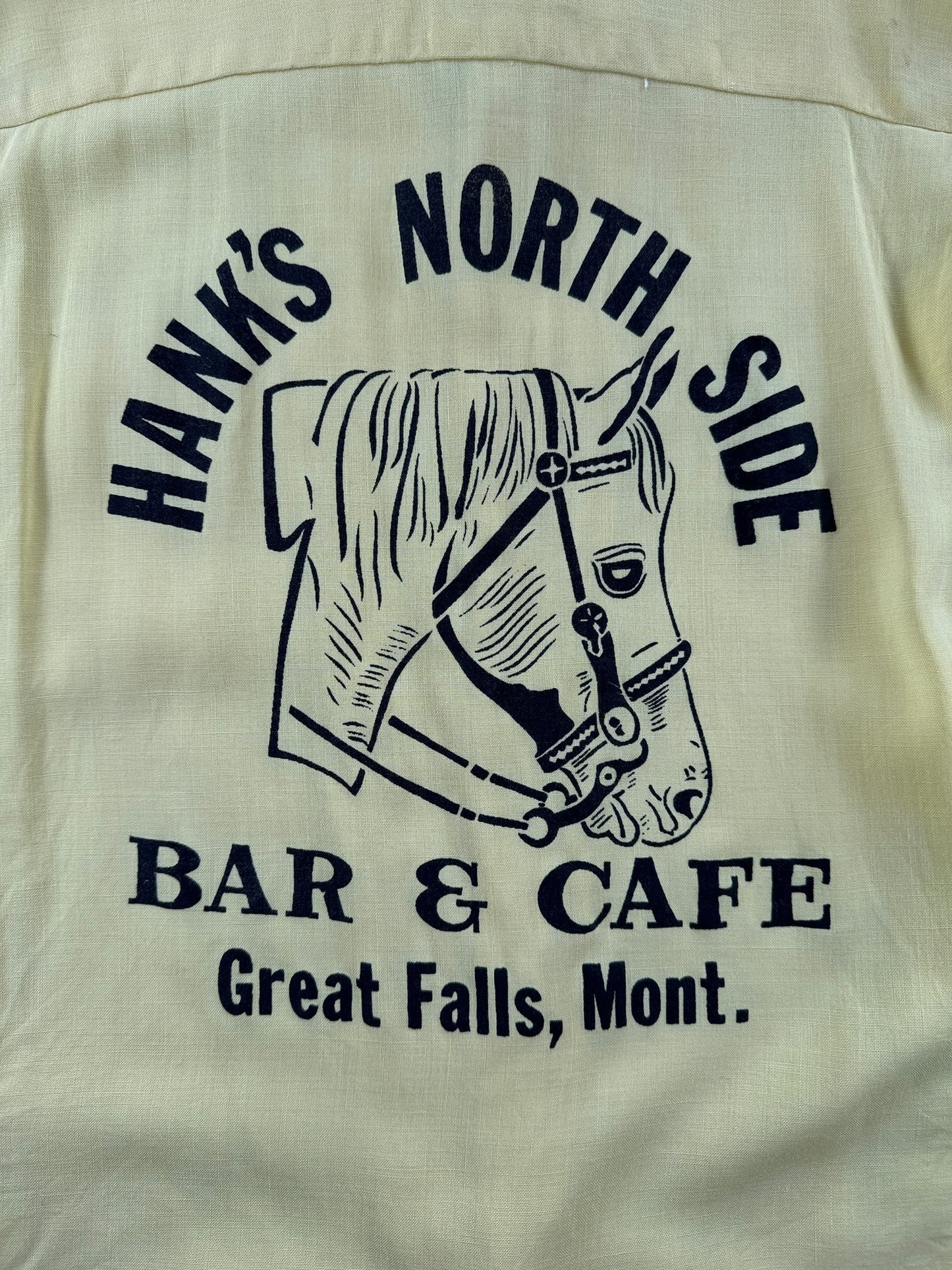 Back Graphic of Vintage Hanks North Side Bowling Shirt SZ L