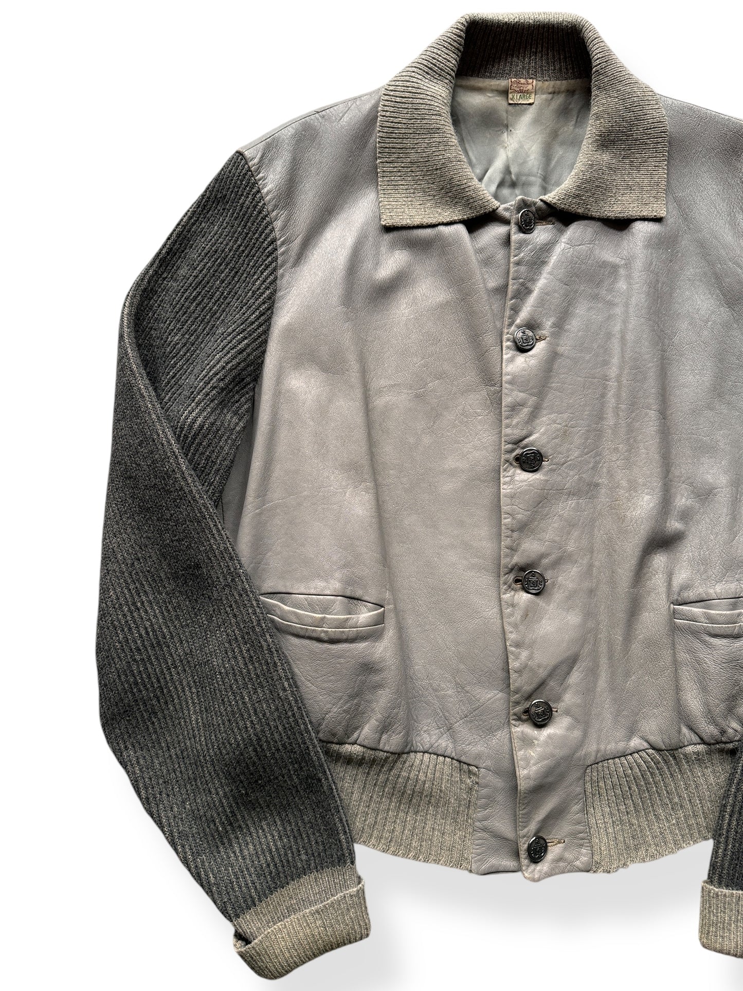 Front Right of Vintage California Don's Leather Knitted Jacket SZ XL