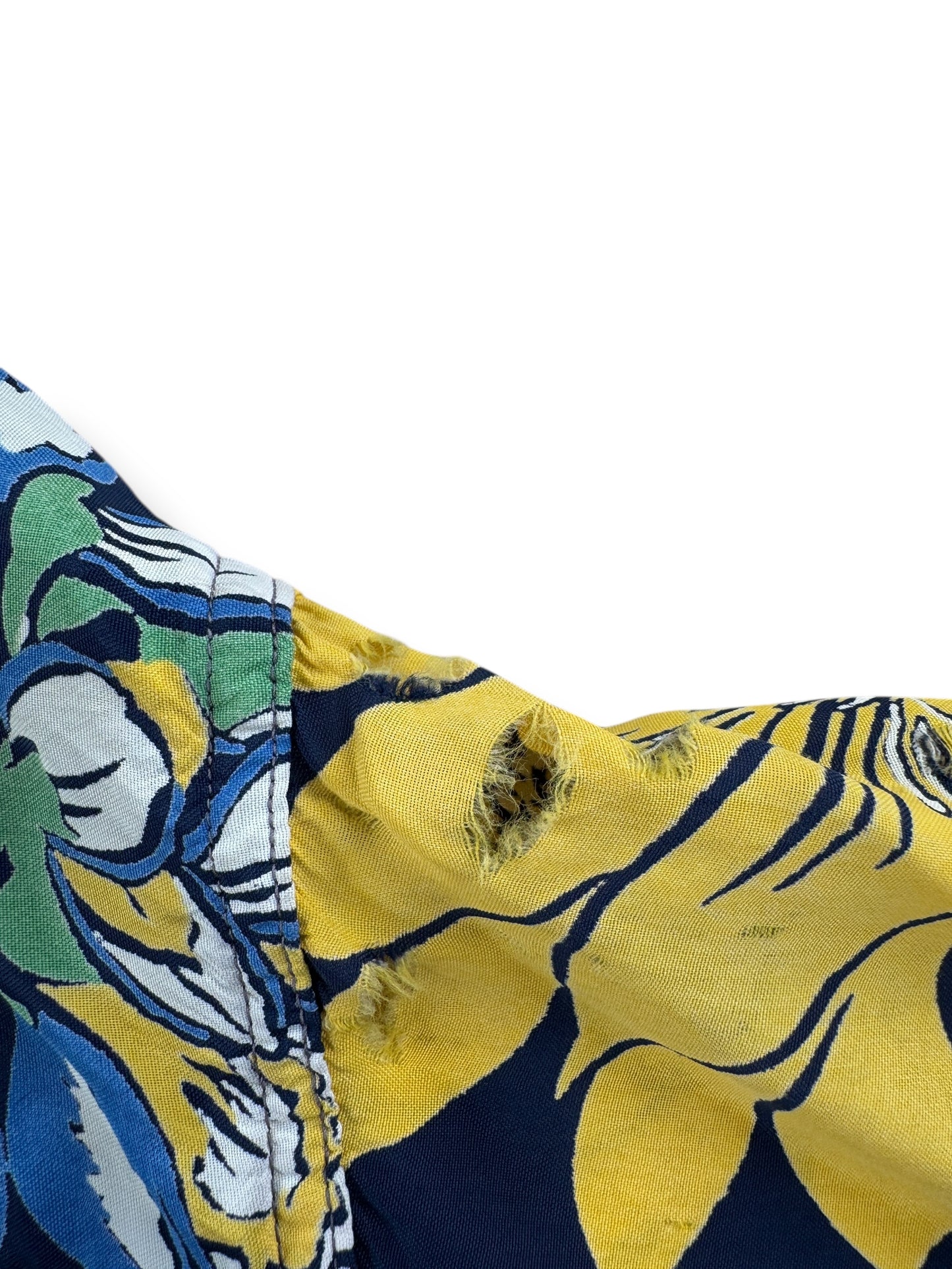 Hole on Vintage Navy Blue Floral Aloha Shirt SZ L AS IS