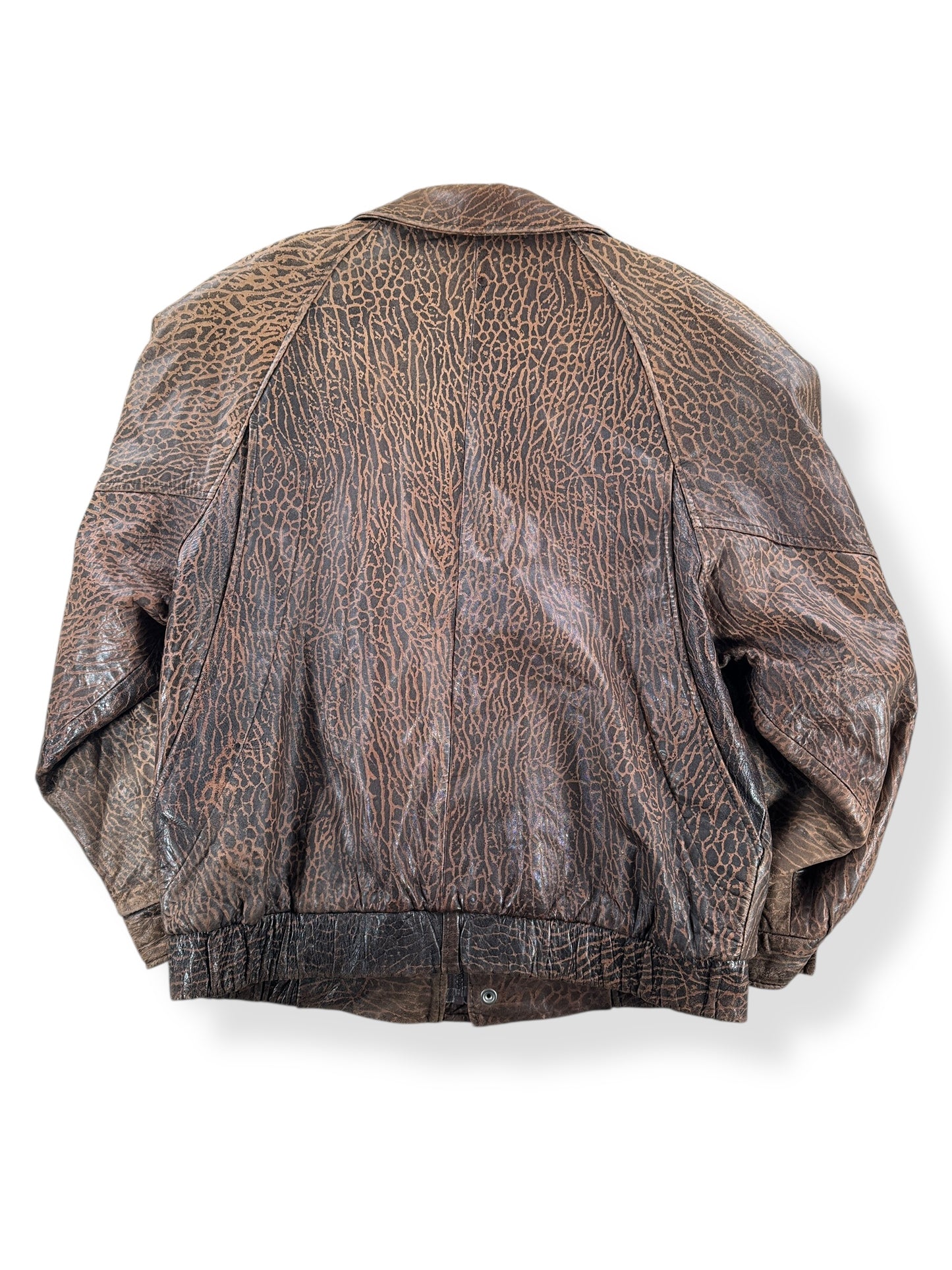 Back of Vintage London Fog Elephant Patterned Leather Bomber Jacket SZ M