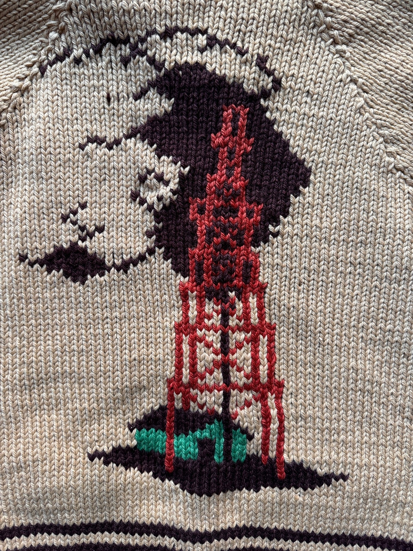 Rear Graphic Close Up on Vintage Oil Derrick Themed Cowichan Style Sweater SZ M