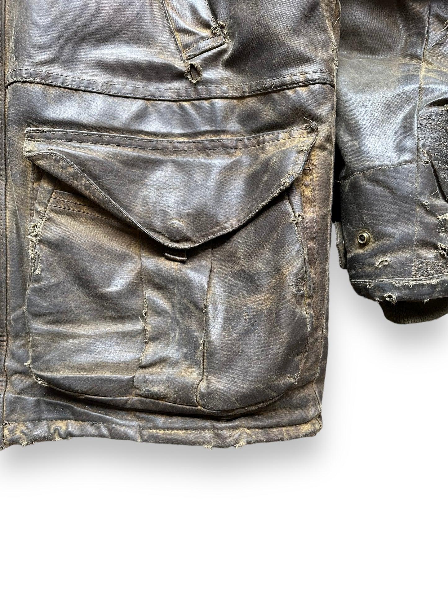 Repairs on Lower Left Pocket on Filson Nasty Boy Tin Cloth Field Jacket SZ 42 | Filson Tin Cloth Jacket | Vintage Workwear Seattle