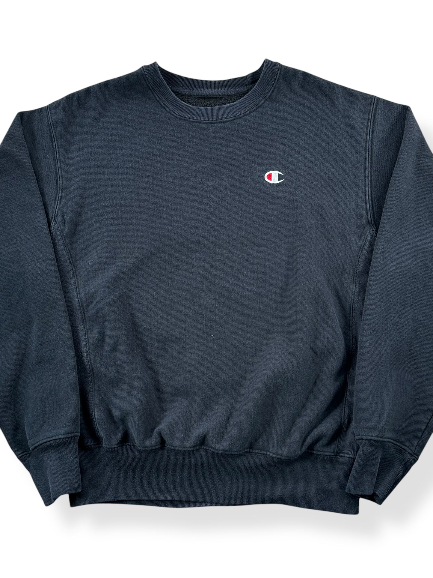 Front Close Up of Vintage Black Champion Crewneck SZ L