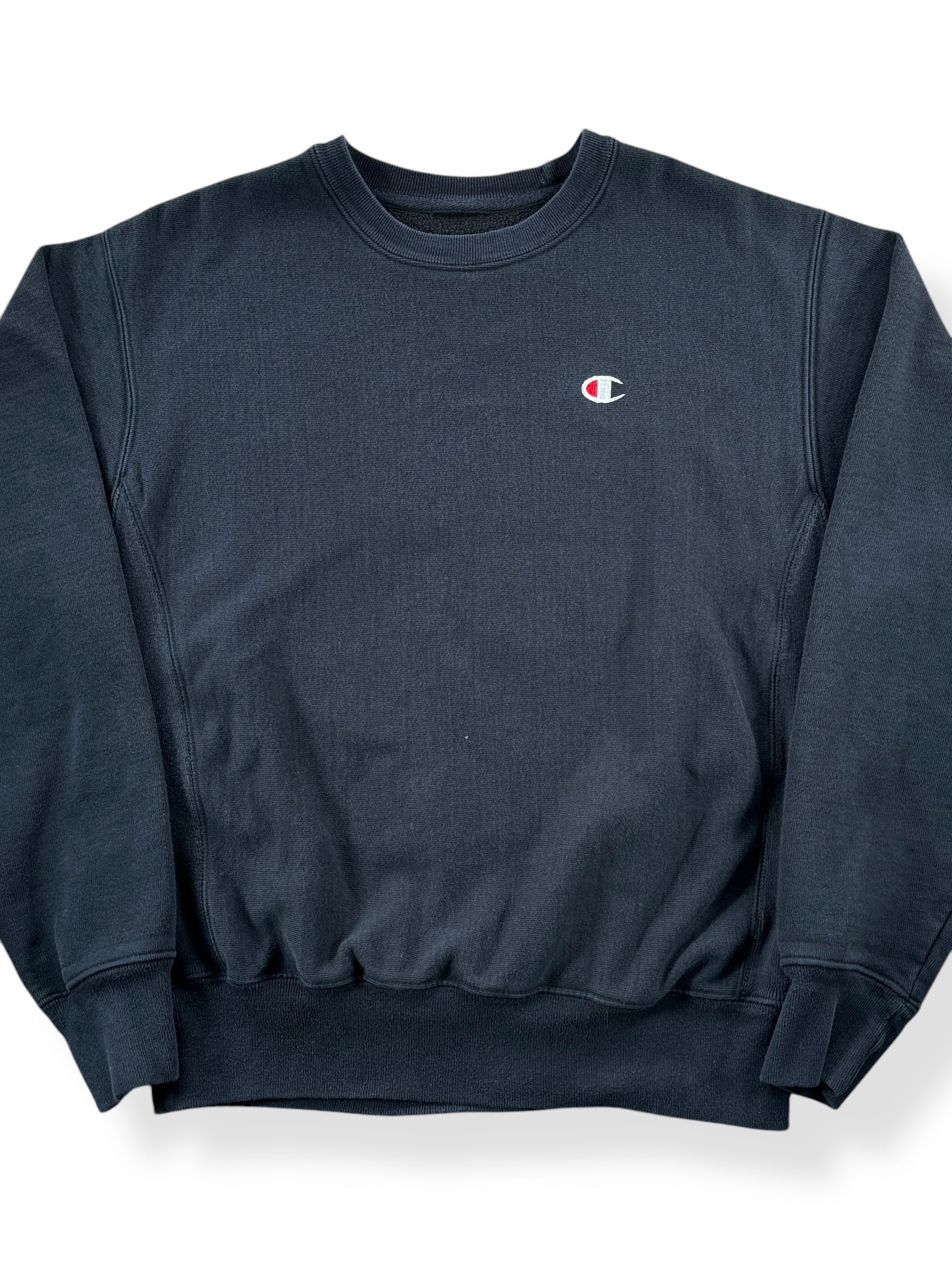 Front Close Up of Vintage Black Champion Crewneck SZ L