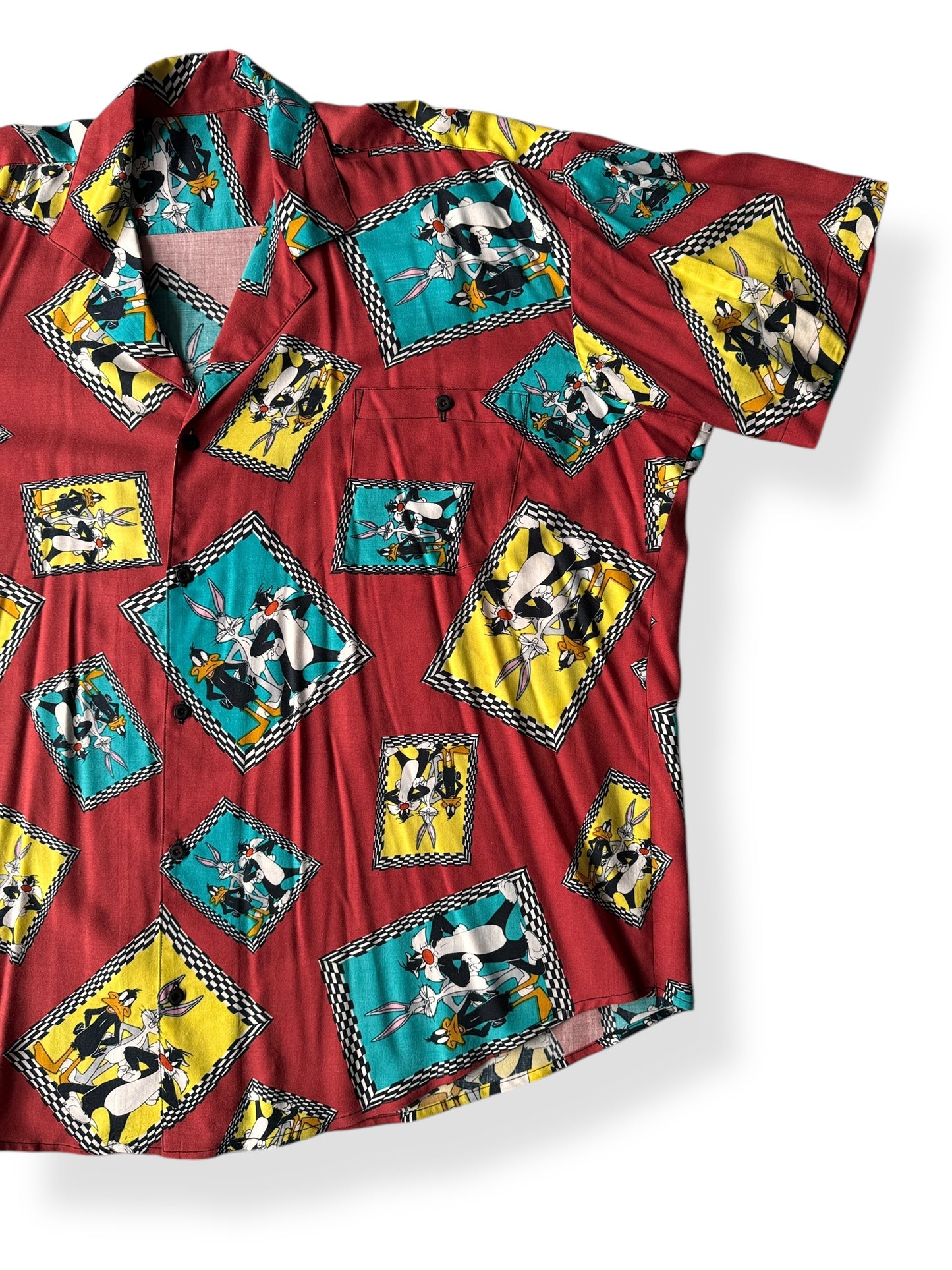 Front Left of Vintage Maroon Looney Tunes Button Up SZ XXL