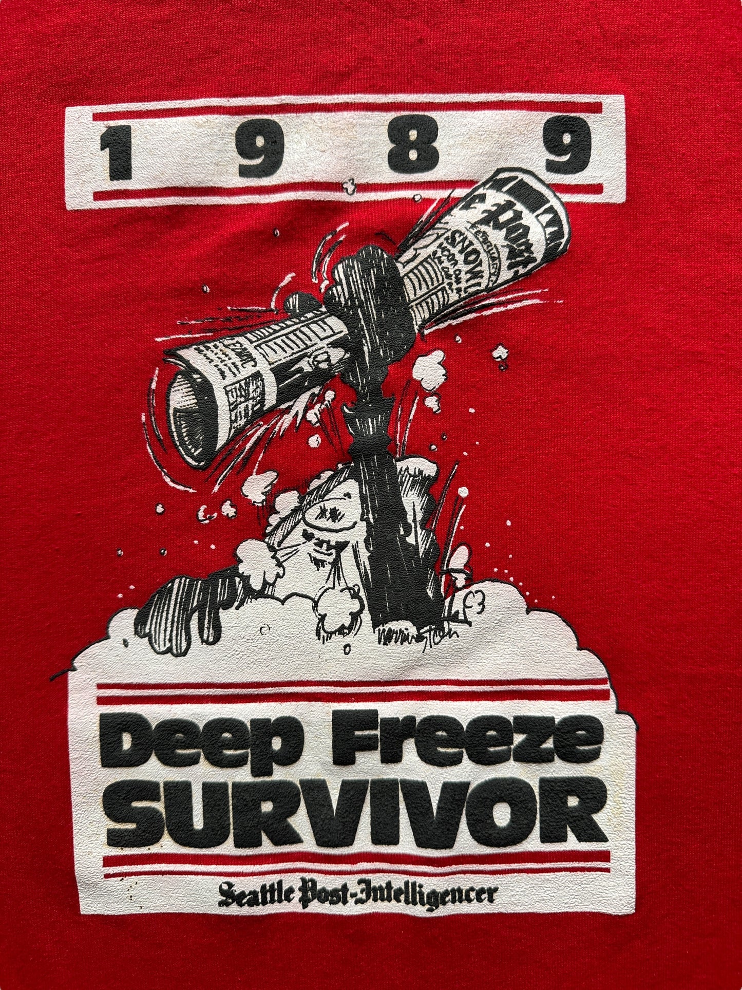 front graphic of Vintage 1989 Seattle Post Intelligencer Deep Freeze Survivor Tee SZ M