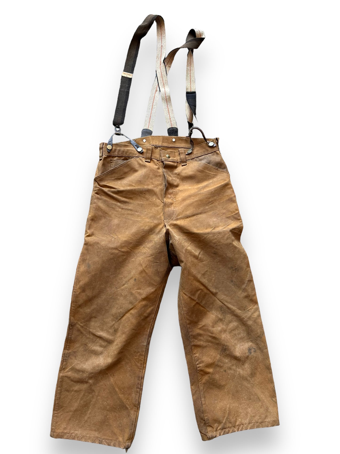 Front View with Braces on Vintage Black Bear Oil Cloth Trousers W33 | Black Bear Brand Workwear | Seattle Vintage Workwear