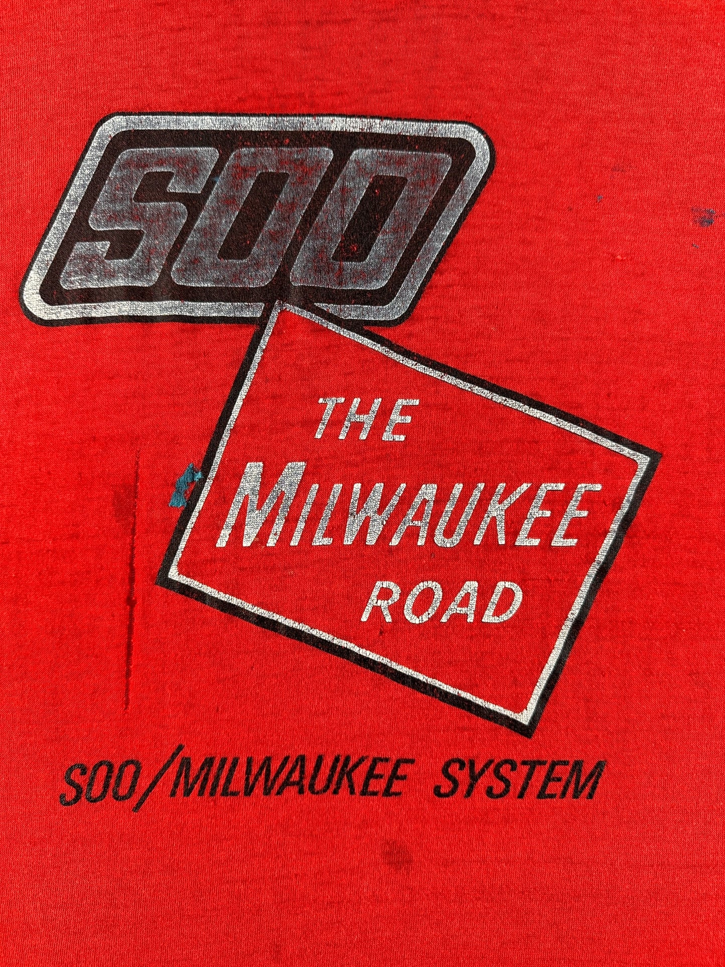 Front Graphic of Vintage 500 Milwaukee Road Red Thrasher Tee SZ S