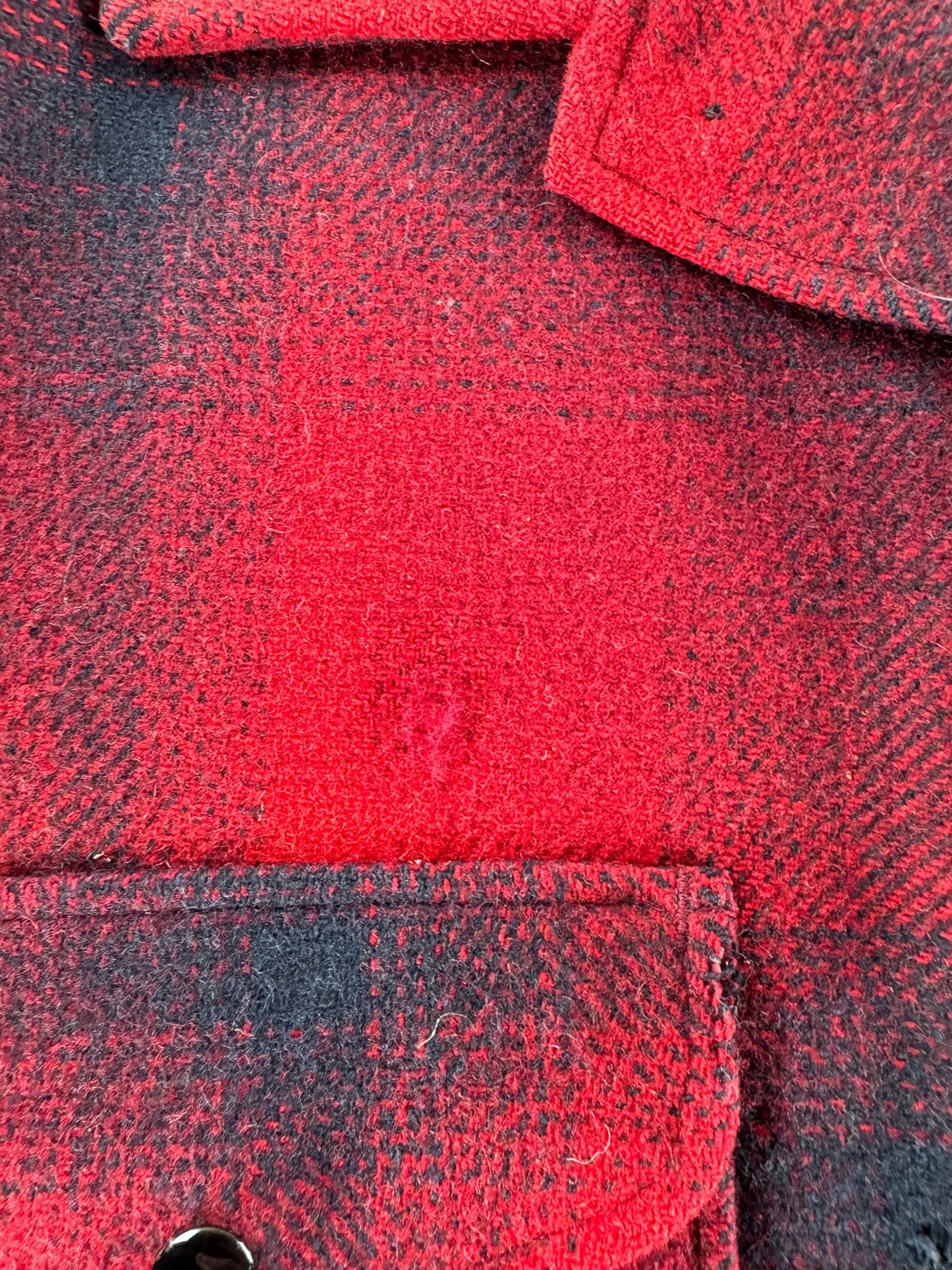 Distressing on Vintage Pendleton Red & Black Shadow Plaid Mackinaw Jacket SZ L AS IS