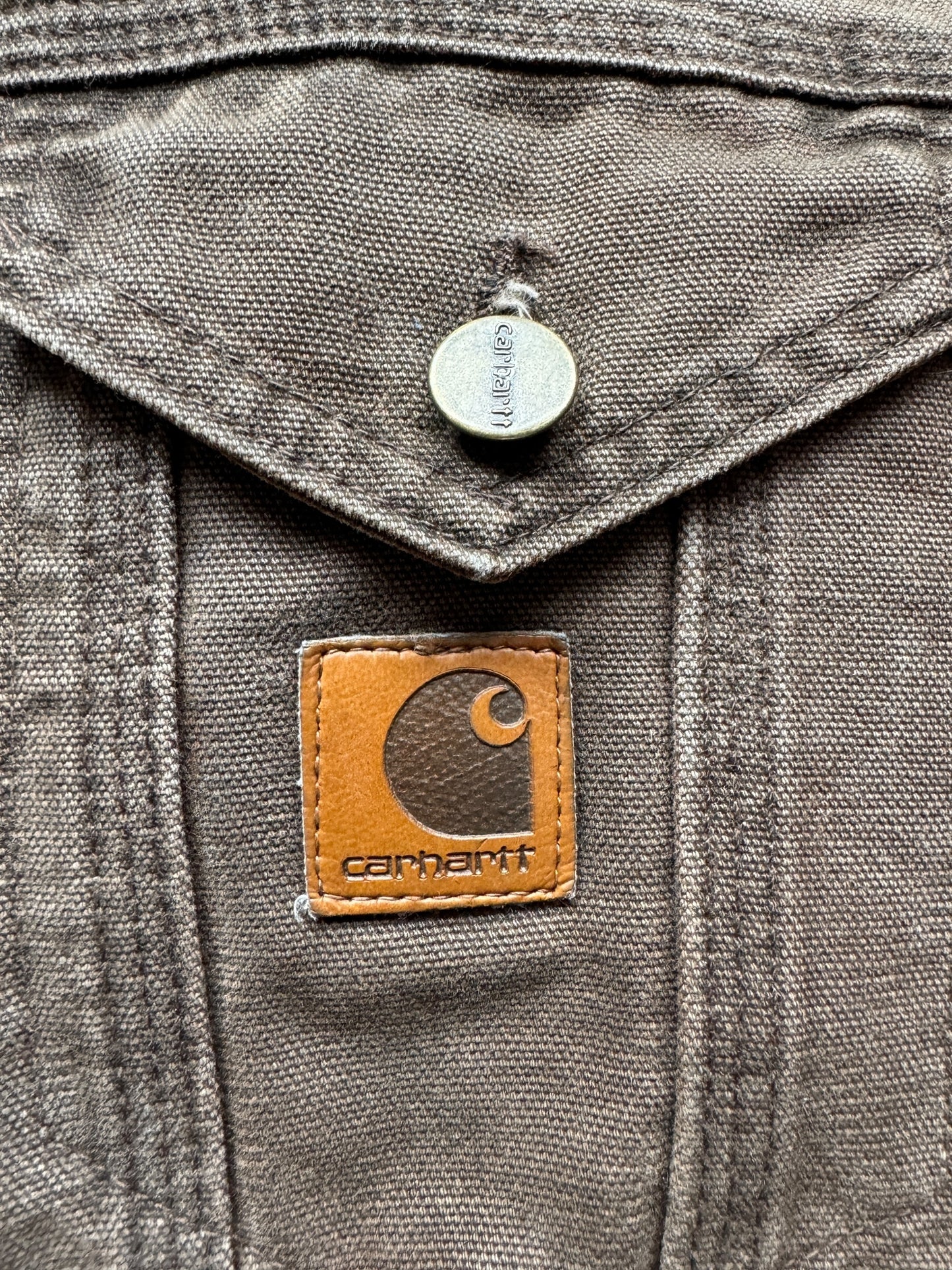 Leather Tab on Vintage Brown Carhartt Blanket Lined Trucker Jacket SZ L