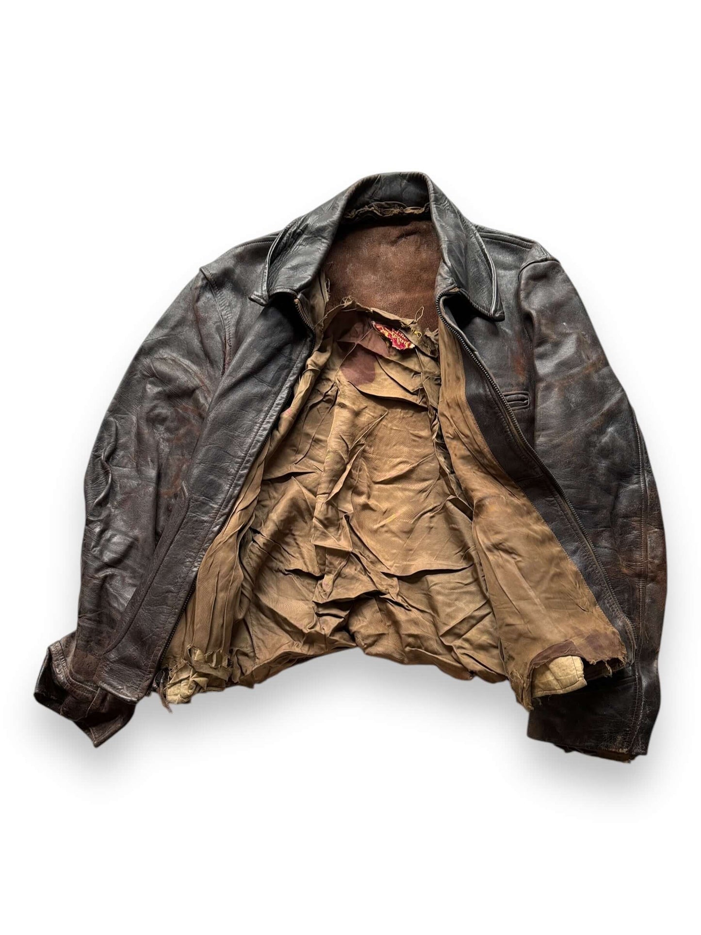 inside of Vintage Thrashed Sportclad Genuine Horsehide Leather Jacket SZ L