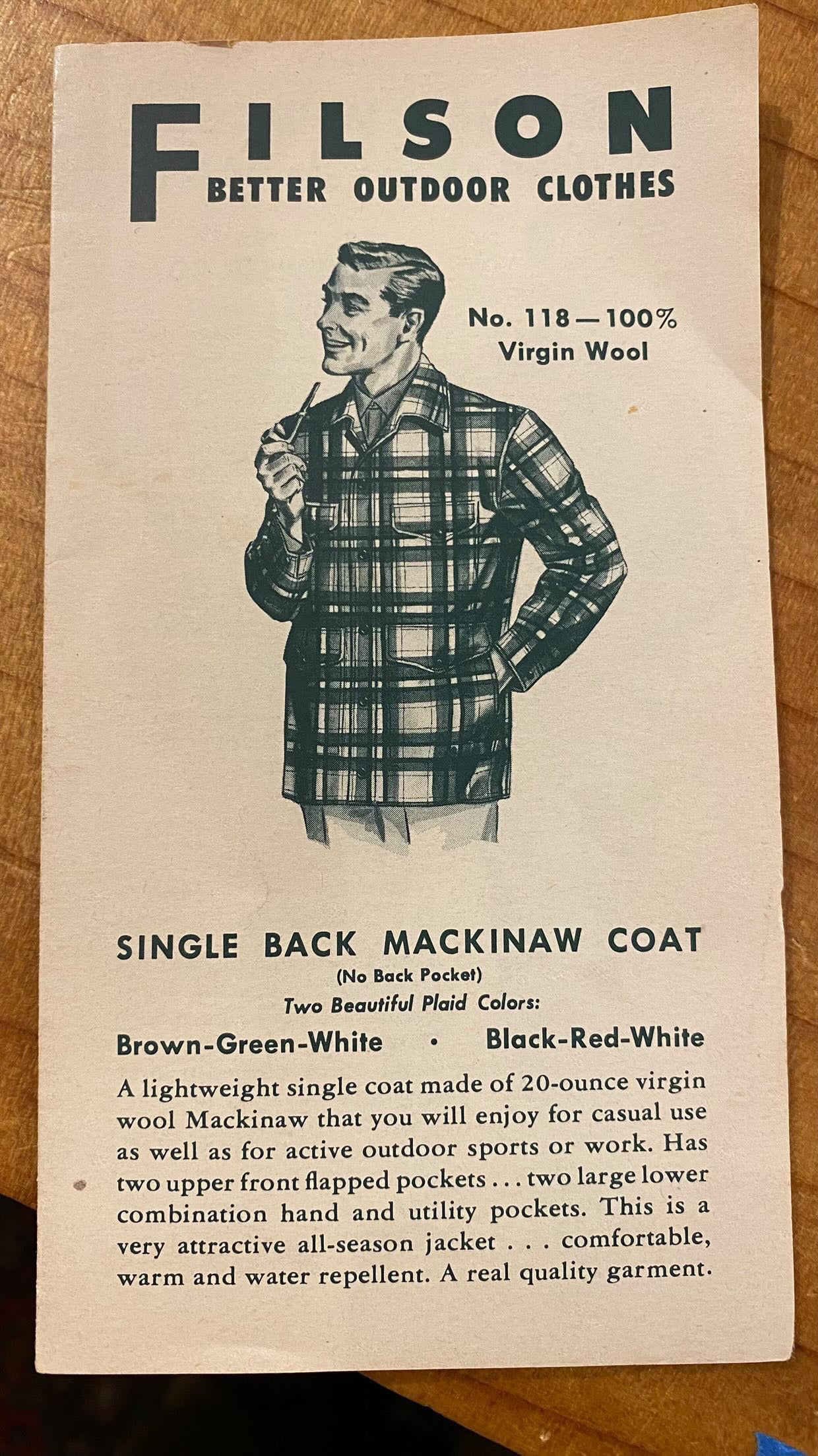 Original 1951 Brochure for Extremely Rare 1951 Filson Red-Black-White Single Back Mackinaw Coat SZ 46 |  Vintage Filson Peppermint Patty Alternate | Vintage Workwear Seattle