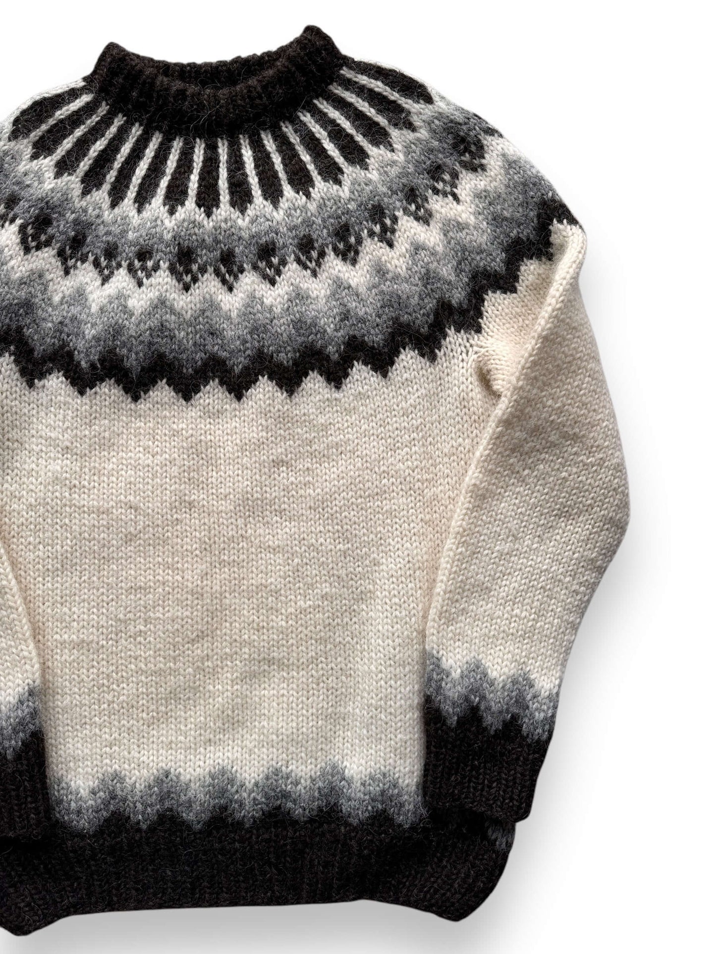 front left of Vintage Black and White Icelandic Wool Sweater SZ XL