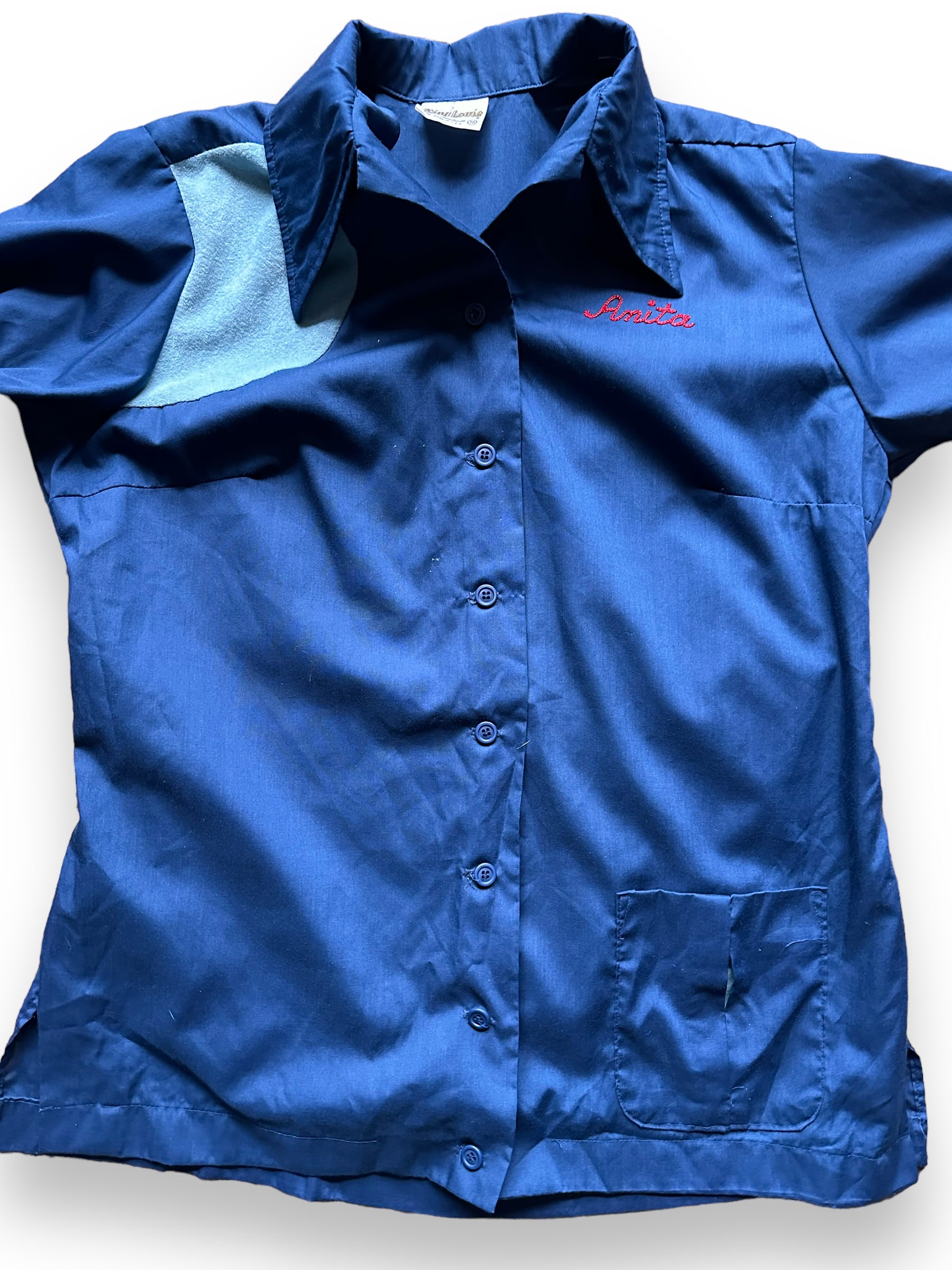 front close up of Vintage 1st Baptist Aladdin Plating Ladies Bowling Shirt SZ 36 | Vintage Bowling Shirt Seattle | Barn Owl Vintage Seattle