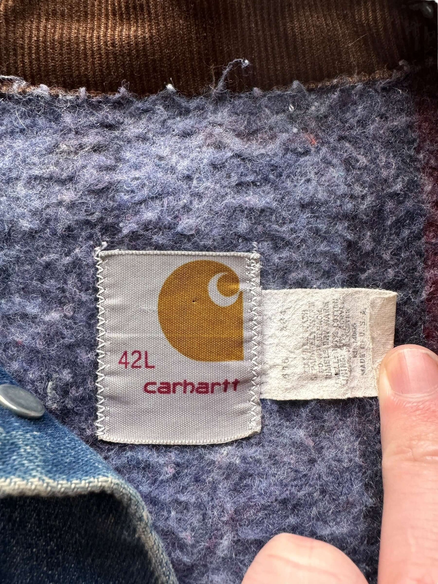 tag on Vintage Carhartt Denim Blanket Lined Trucker Jacket SZ 42L
