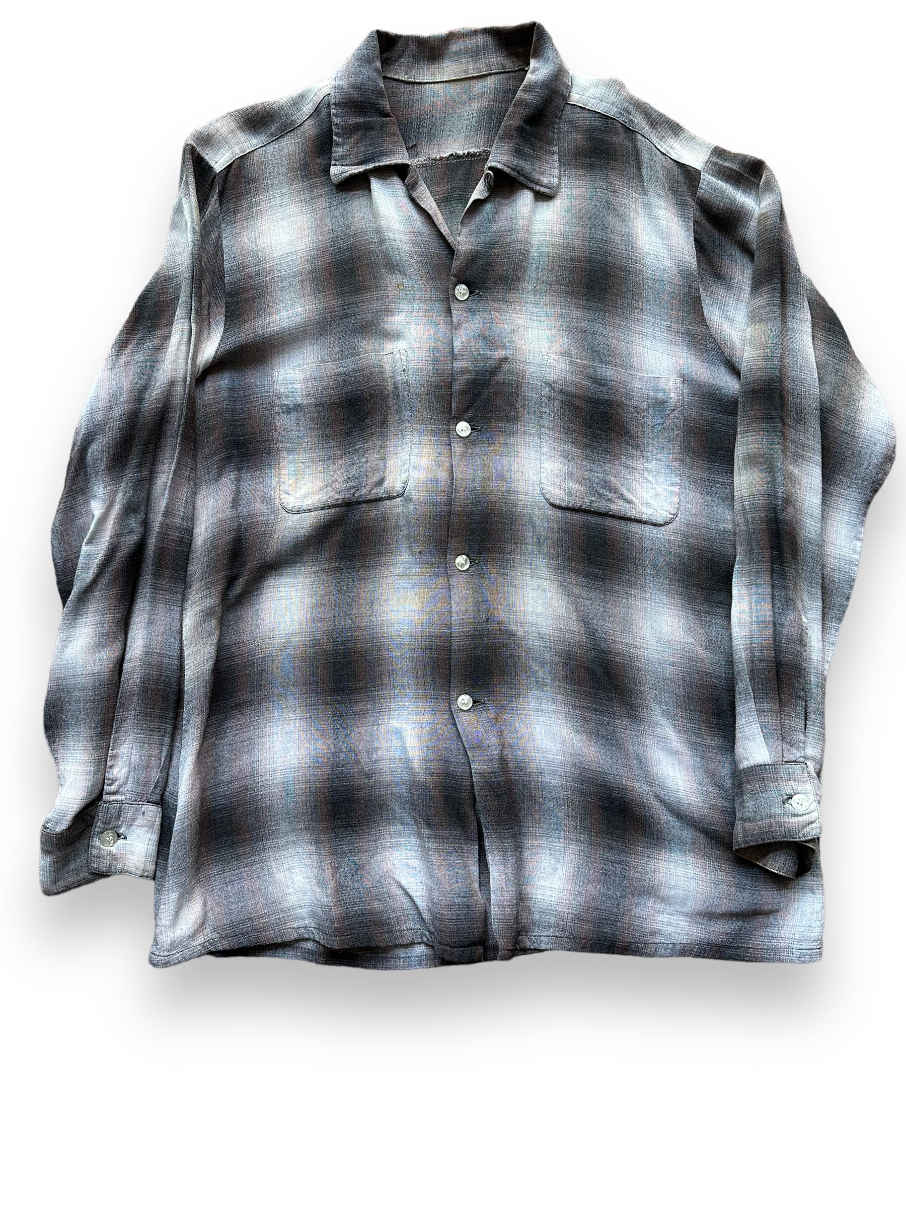 Front View of Vintage Arrow Chevella Shadow Plaid Rayon Shirt SZ L | Vintage Rayon Shirt Seattle | Barn Owl Vintage Seattle