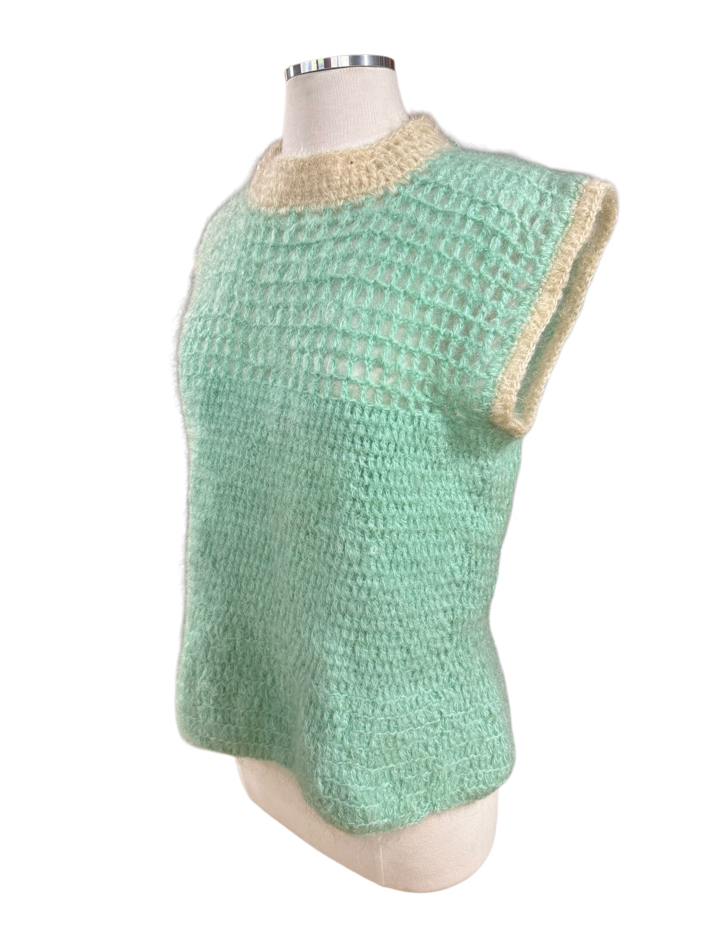 Side view of 1960s Mint Green Mohair Sleeveless Sweater M