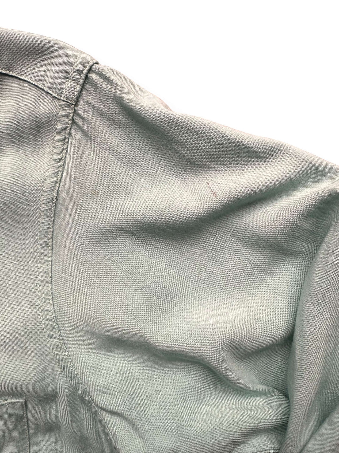 Stain on Shoulder of Vintage Holy Cross Rayon Bowling Shirt SZ SM | Vintage Bowling Shirt Seattle | Barn Owl Vintage Seattle