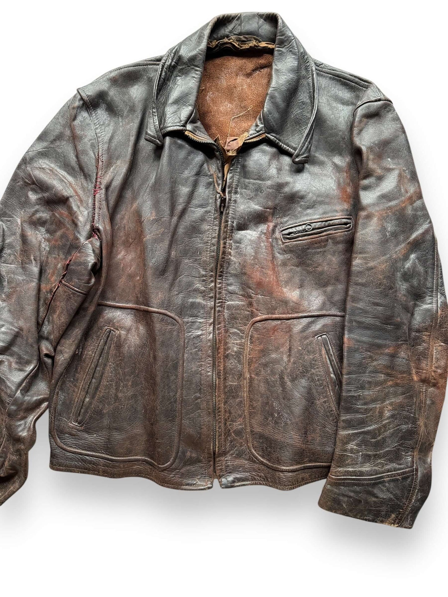 front close up of Vintage Thrashed Sportclad Genuine Horsehide Leather Jacket SZ L