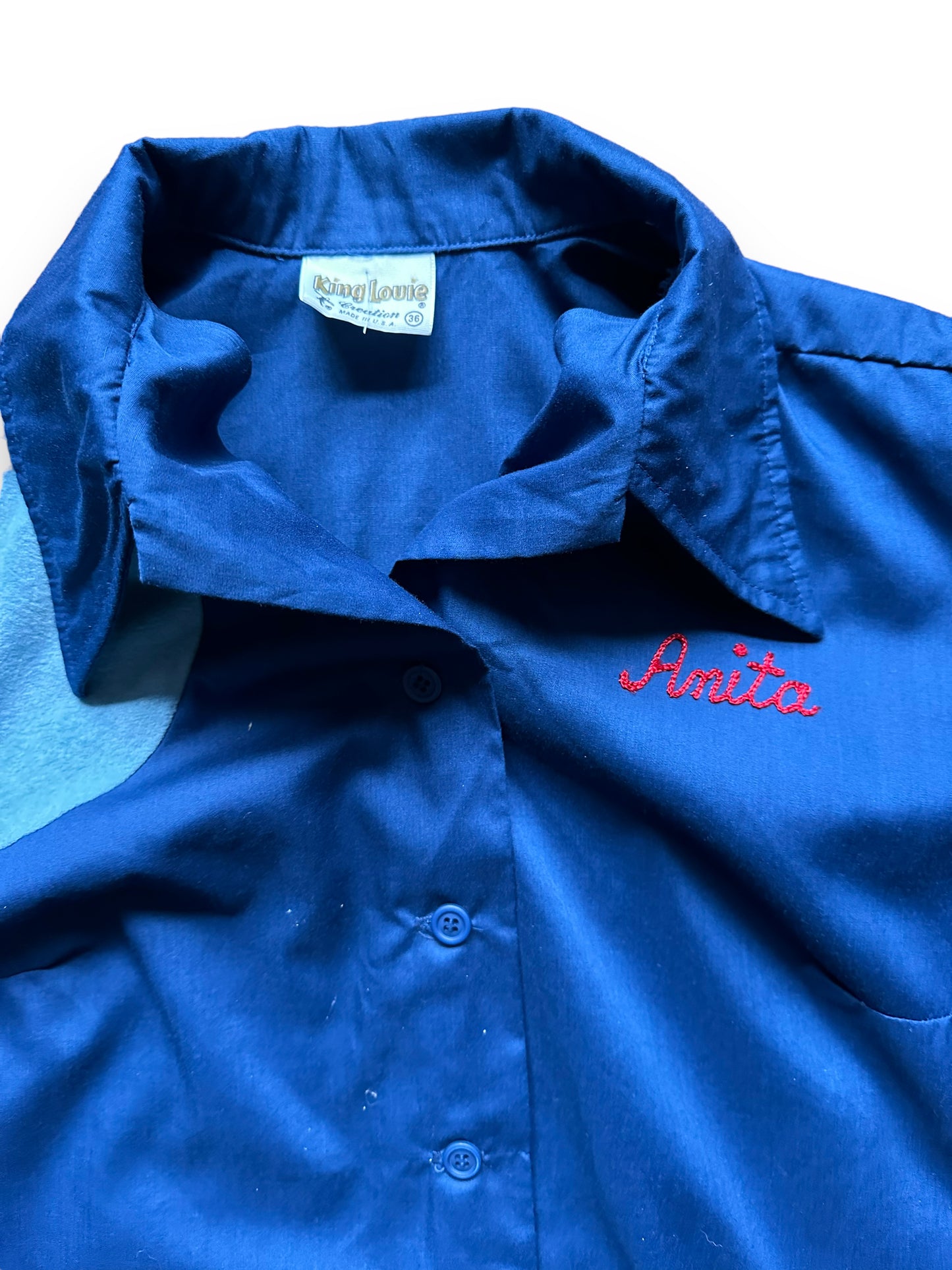 collar of Vintage 1st Baptist Aladdin Plating Ladies Bowling Shirt SZ 36 | Vintage Bowling Shirt Seattle | Barn Owl Vintage Seattle
