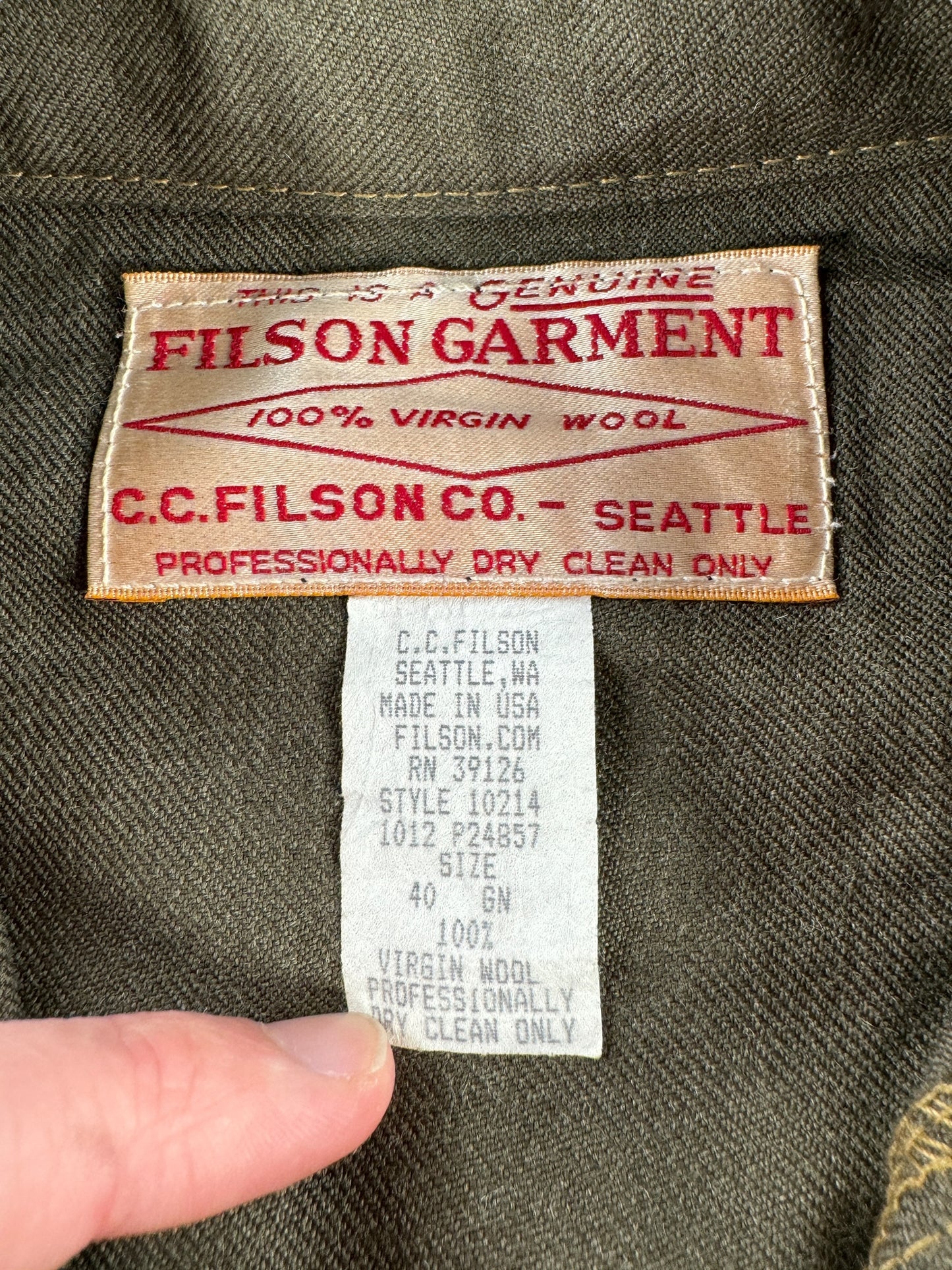 Tag on Modern Filson 1897 Collection Green Forestry Cloth Cruiser SZ 40