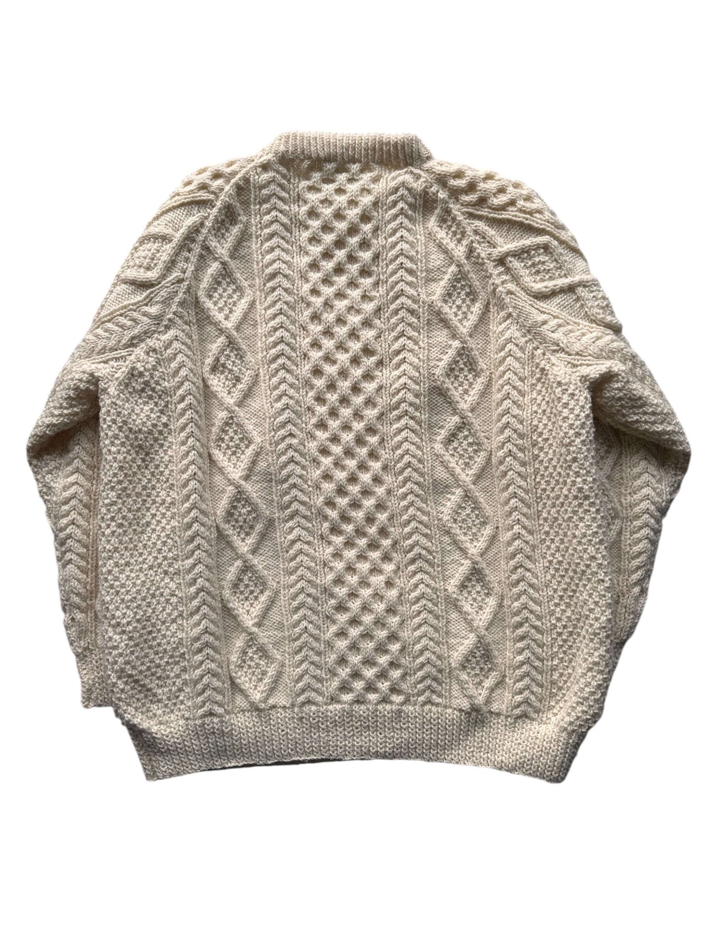 Back of Vintage Ronnie Hannigan Cream Irish Cable Knit Fishermans Sweater SZ XL