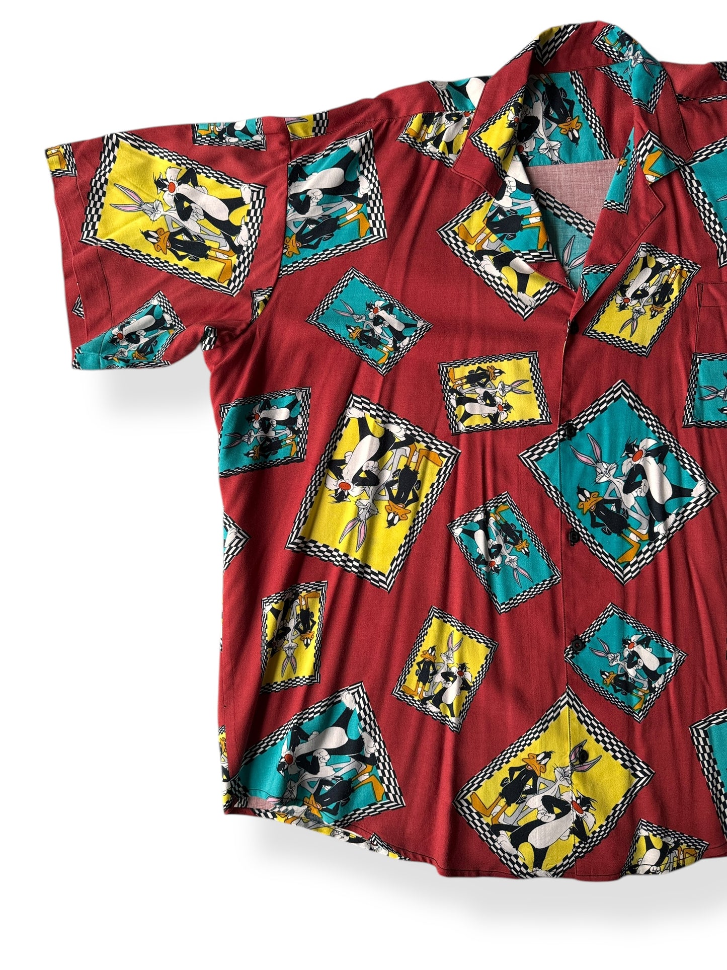 Front Right of Vintage Maroon Looney Tunes Button Up SZ XXL