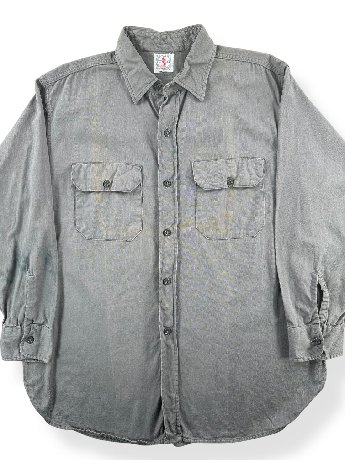 Front Close Up of Vintage Stevens Twist Twill Grey Work Shirt SZ L AS IS