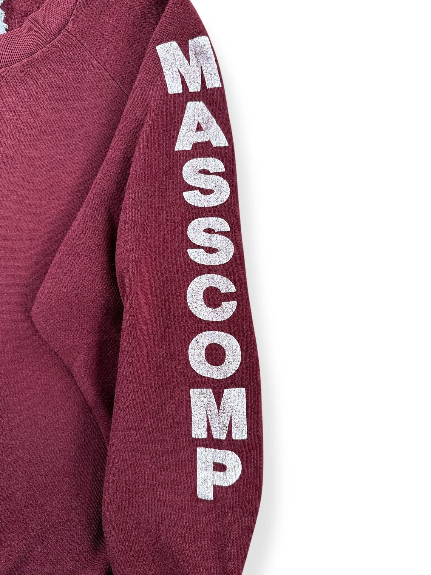 Graphic on Sleeve of Vintage Masscomp Burgundy Crewneck SZ M
