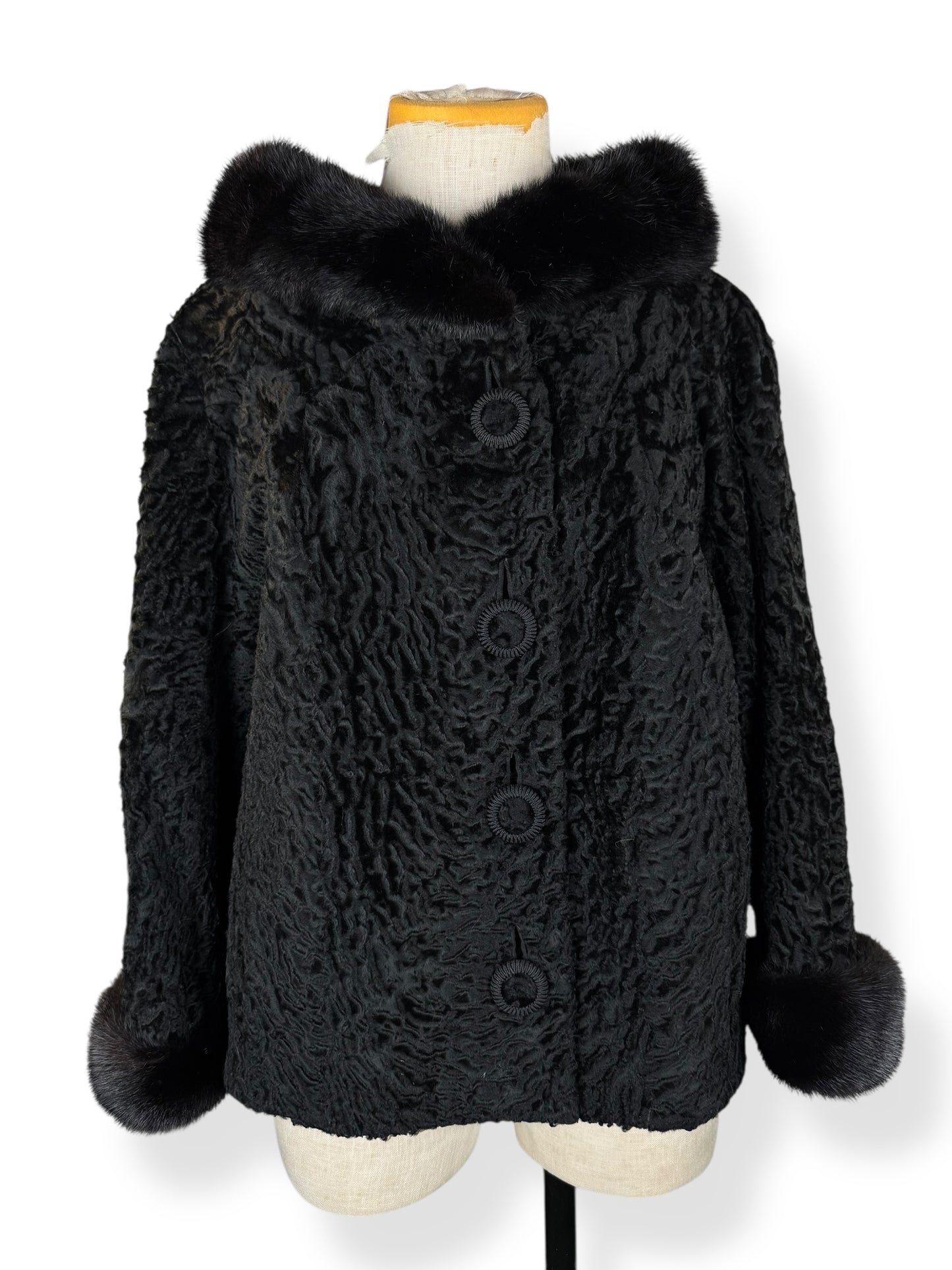 Front of 1960s Kermend Cropped Lam's Fur and Mink Coat L
