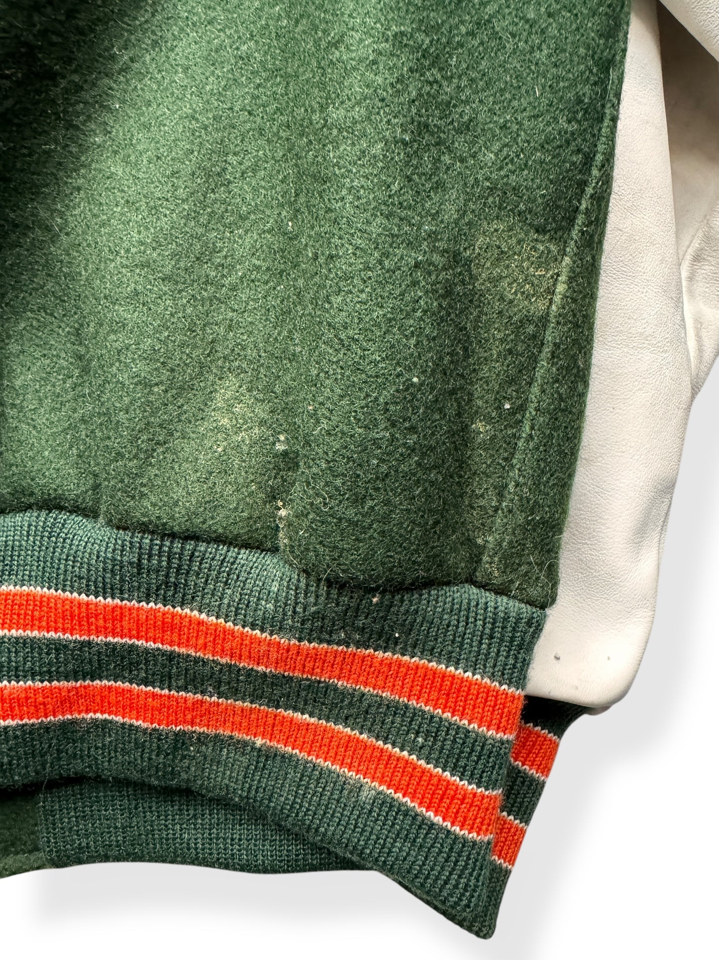 Close Up of Hem of Vintage 1987 Woodway Varsity Jacket SZ XL