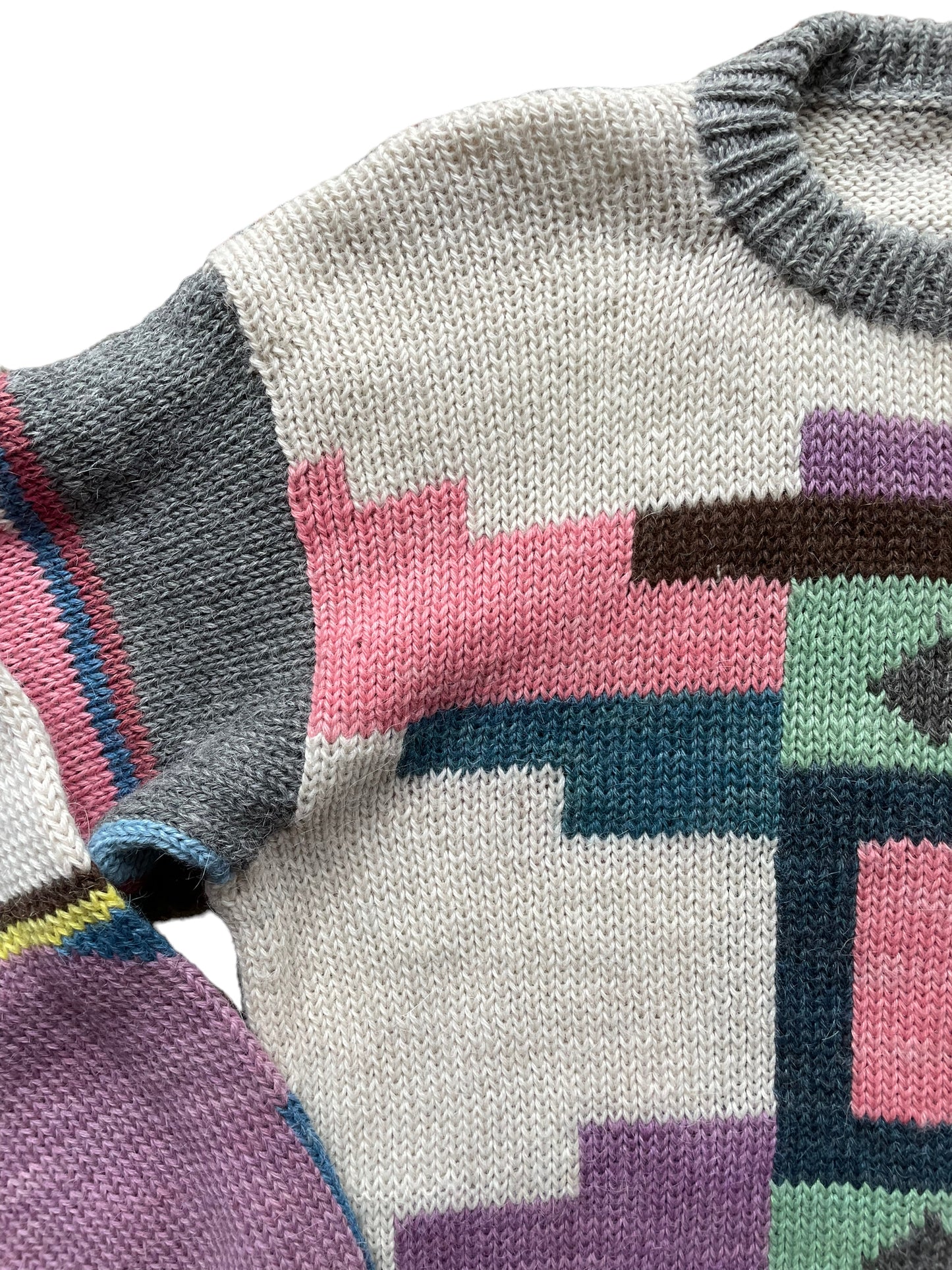 Front right shoulder view of Vintage 1980s Geometric Wool Sweater SZ L | Barn Owl Sweaters | Seattle Vintage