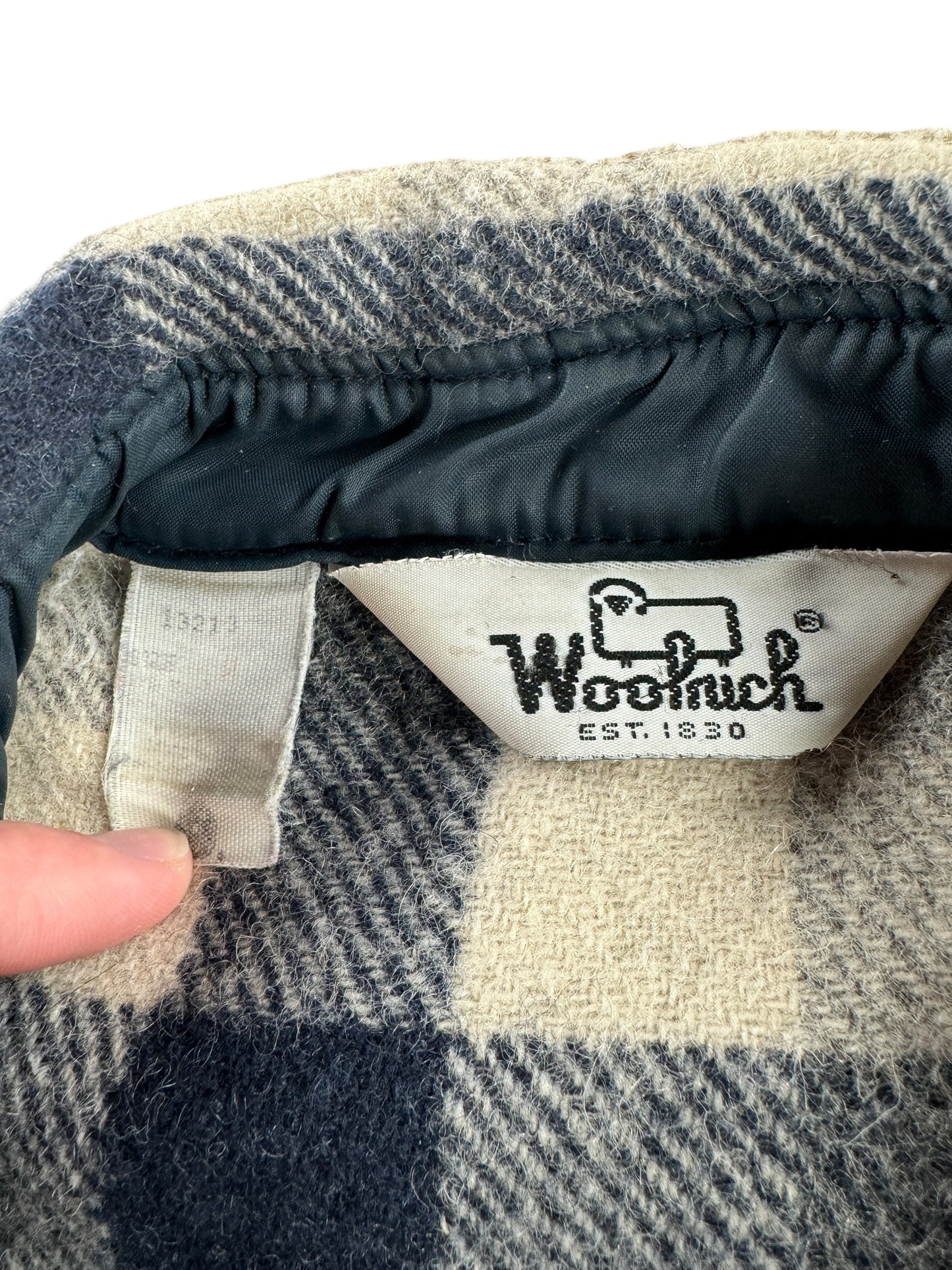 Tag on Vintage Woolrich White and Blue Plaid Wool Flannel SZ M