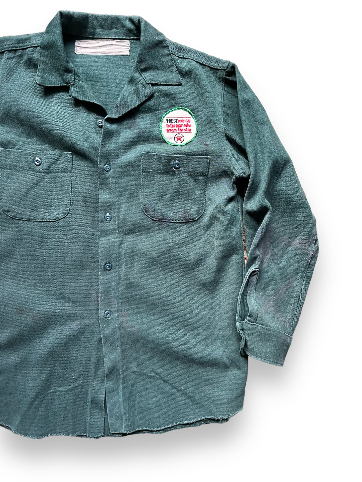 Front Left View of Vintage Power Flite Transmission Chainstitched Work Shirt SZ M | Vintage Chainstitch Workwear Seattle | Barn Owl Vintage Seattle