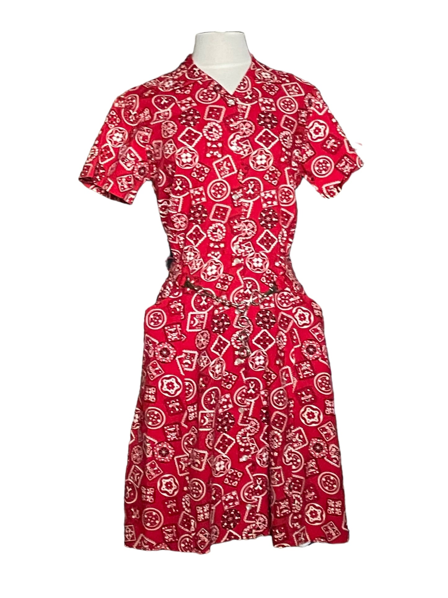 Full front view of Vintage Tregos Red Bandana Dress SZ S |  Barn Owl Vintage Dresses| Seattle Vintage Dresses
