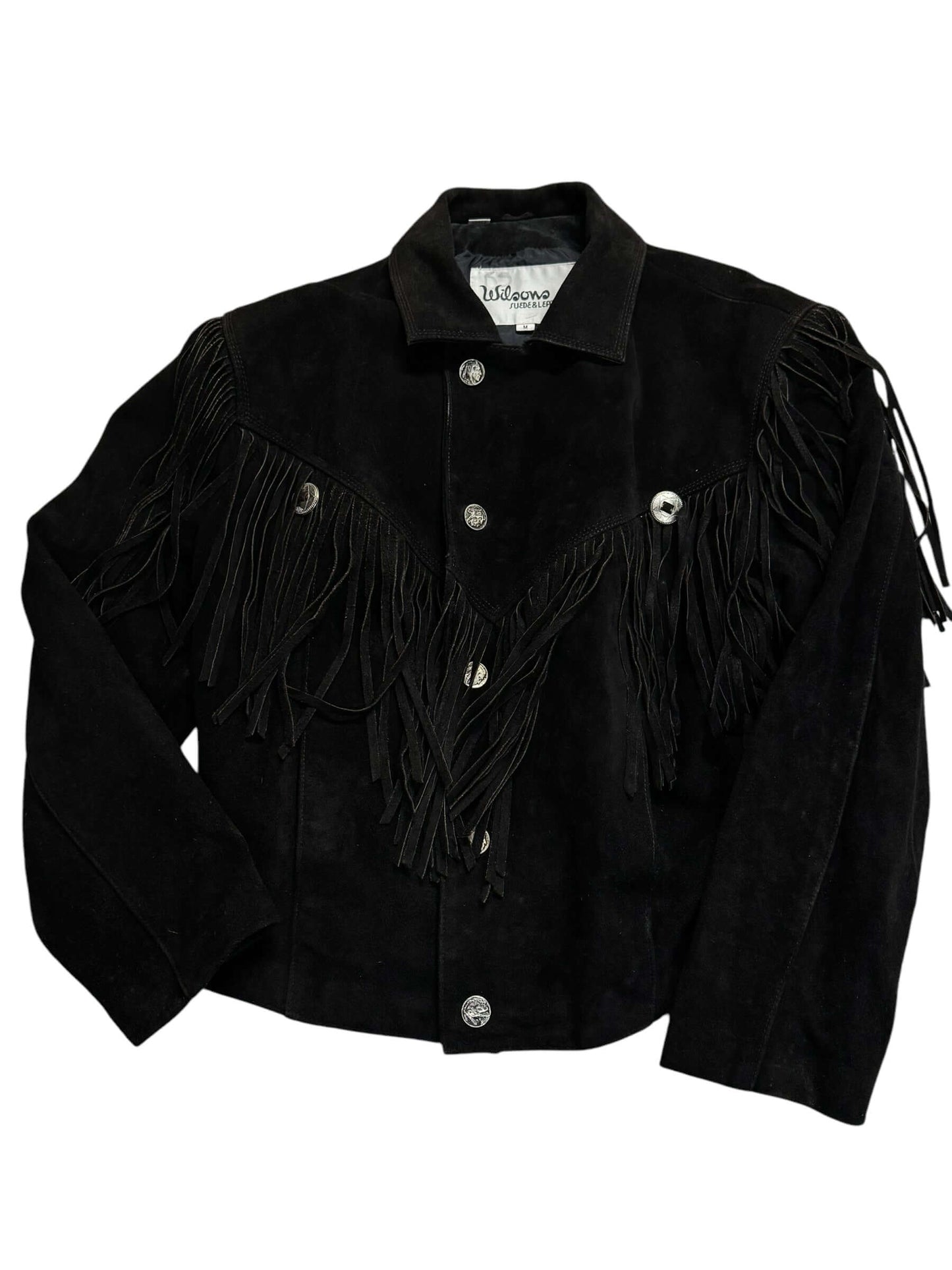 Front view of 1980s Wilsons Suede Fringe Jacket L