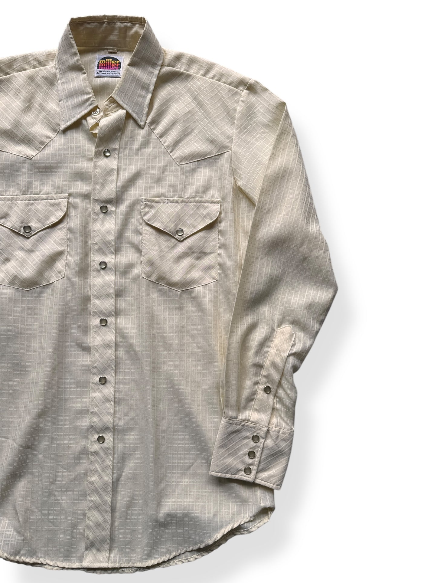 Front Left of Vintage Miller Western Wear Pearl Snap SZ L