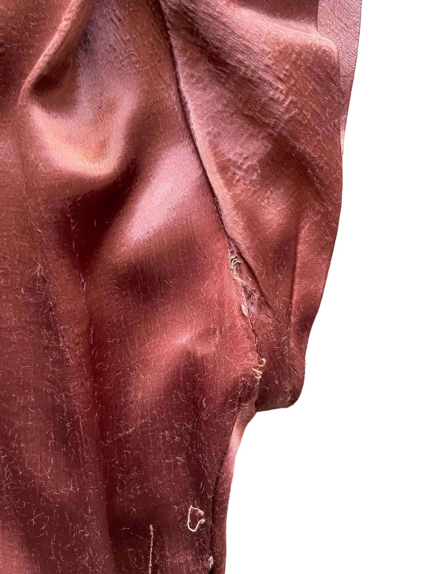 Front left underarm view of loose seam of 1940s Copper Evening Dress M